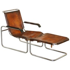 Rare 1930s Restored Marcel Breuer S35 Thonet Leather Lounge Armchair and Ottoman