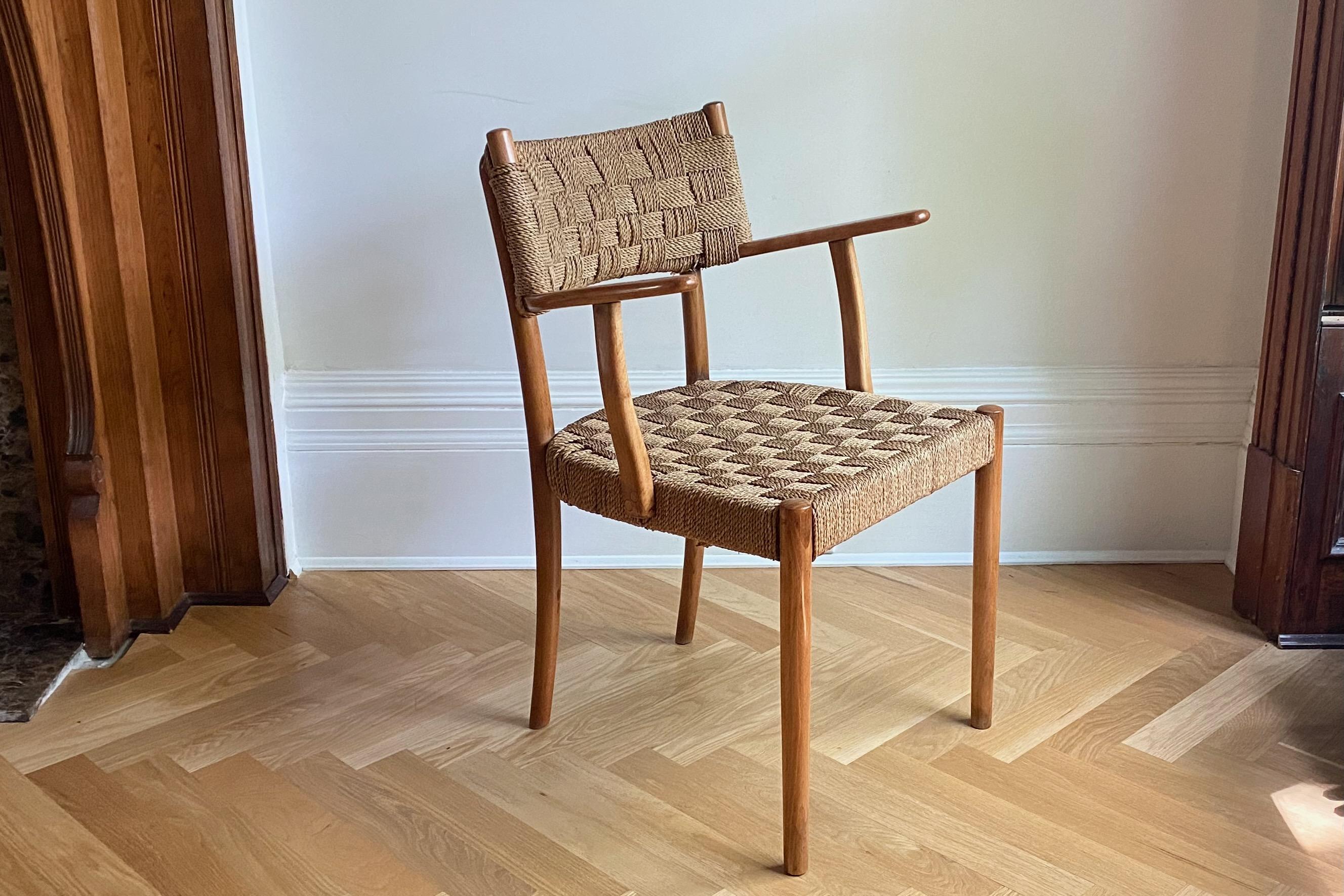 Rare 1930's Rope chair Model 1570 by Karl Schrøder for Fritz Hansen. Beautiful woven papercord on the back and seat with stained beech frame. The frame has been restored and the cord is in very good condition. This chair is part of a collection of