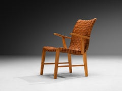 Fauteuil de salon Søren Willadsen rare des années 1930, en cuir tressé patiné couleur cognac, en orme