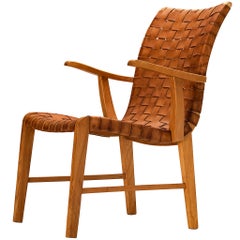 Fauteuil de salon Søren Willadsen rare des années 1930, en cuir tressé patiné couleur cognac, en orme
