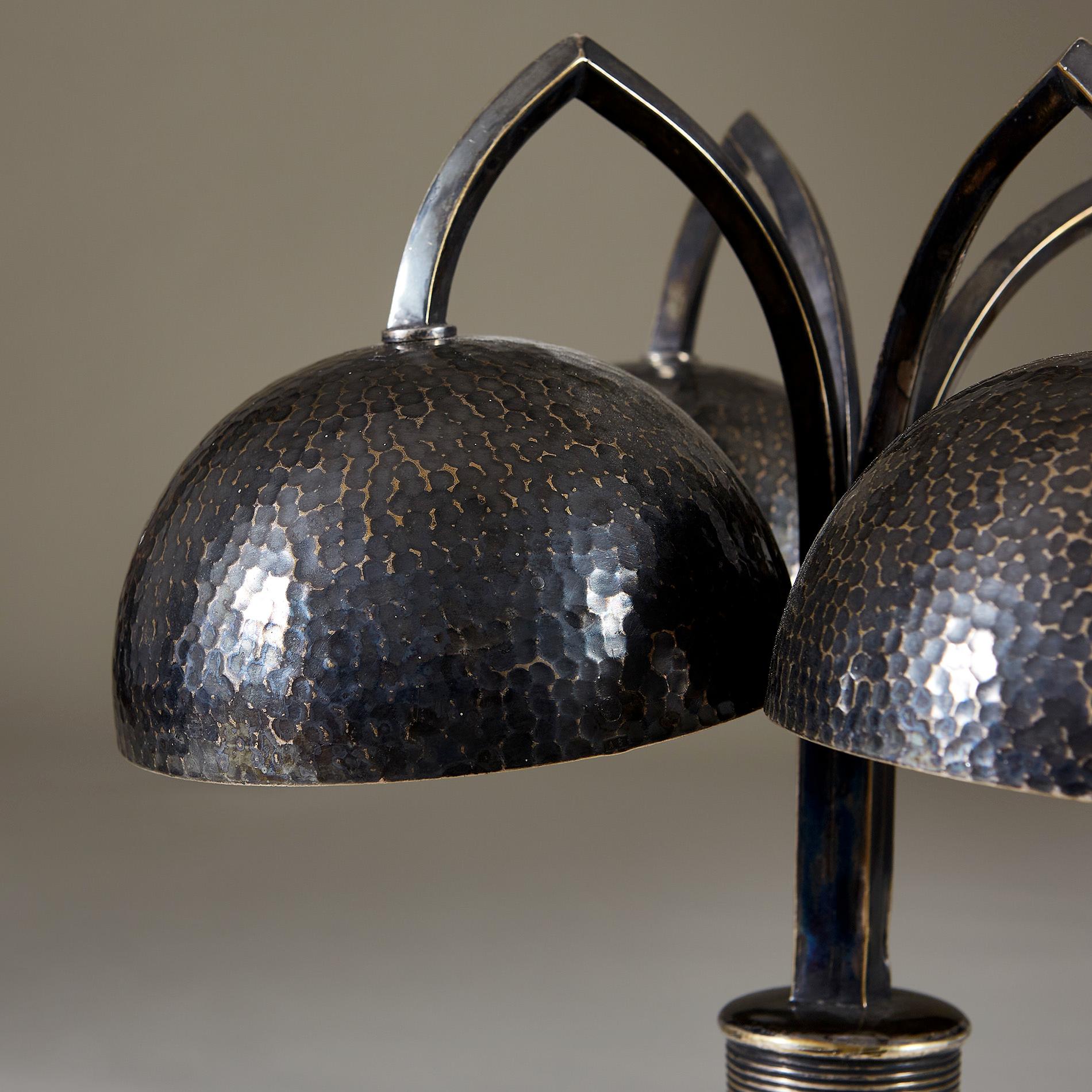 European Rare 1930s Hammered Metal Table Lamp by Andre Arbus and Raymond Subes, signed For Sale