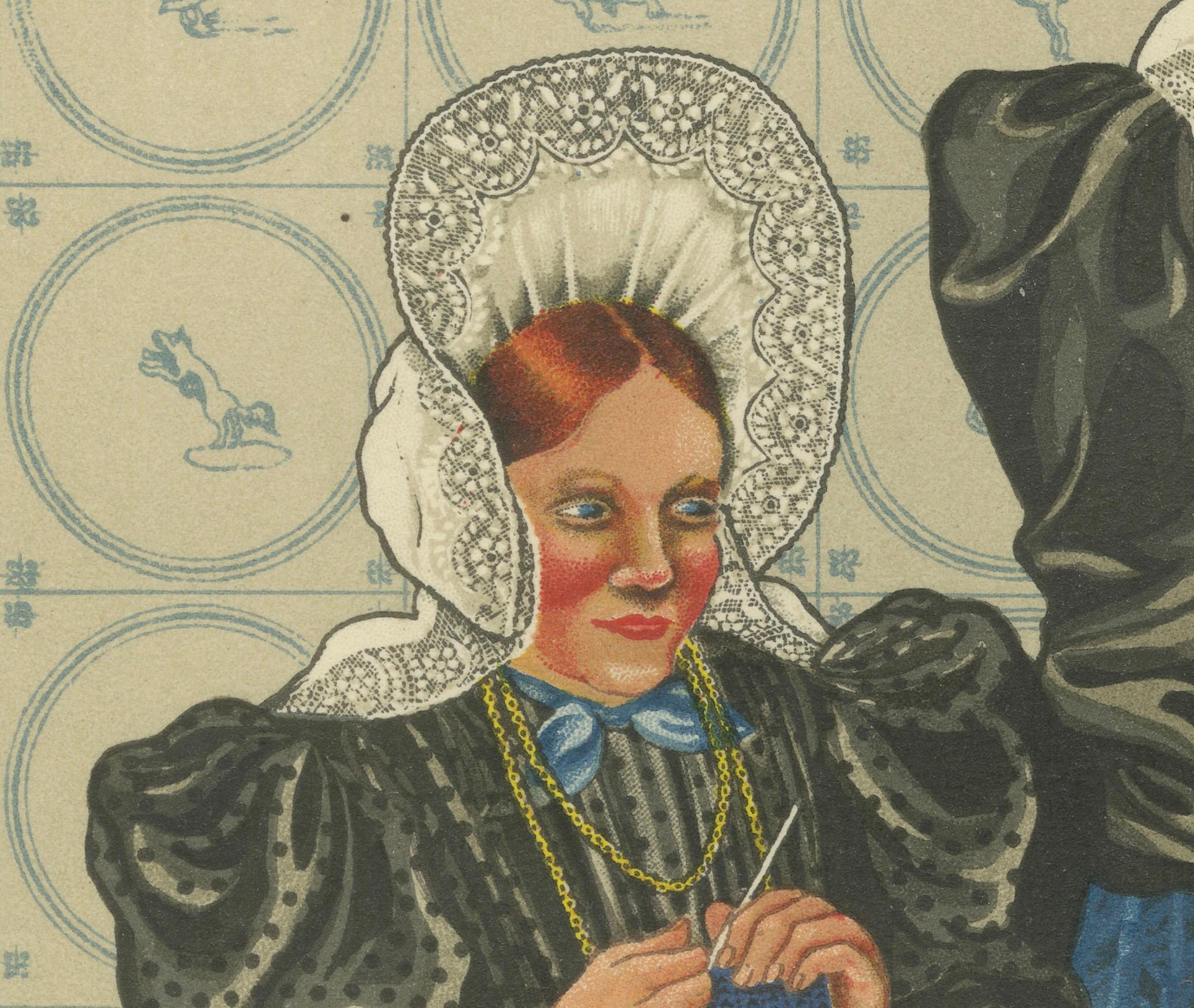 Metà XX secolo Rara stampa olandese del 1932: Abito moderno da donna Huizen con CAP e grembiuli in pizzo in vendita