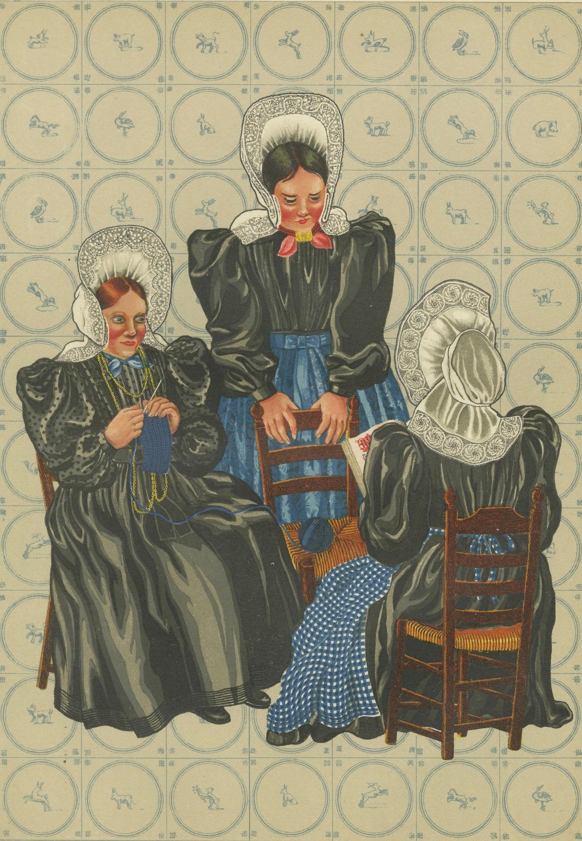 Rara stampa olandese del 1932: Abito moderno da donna Huizen con CAP e grembiuli in pizzo in vendita 1
