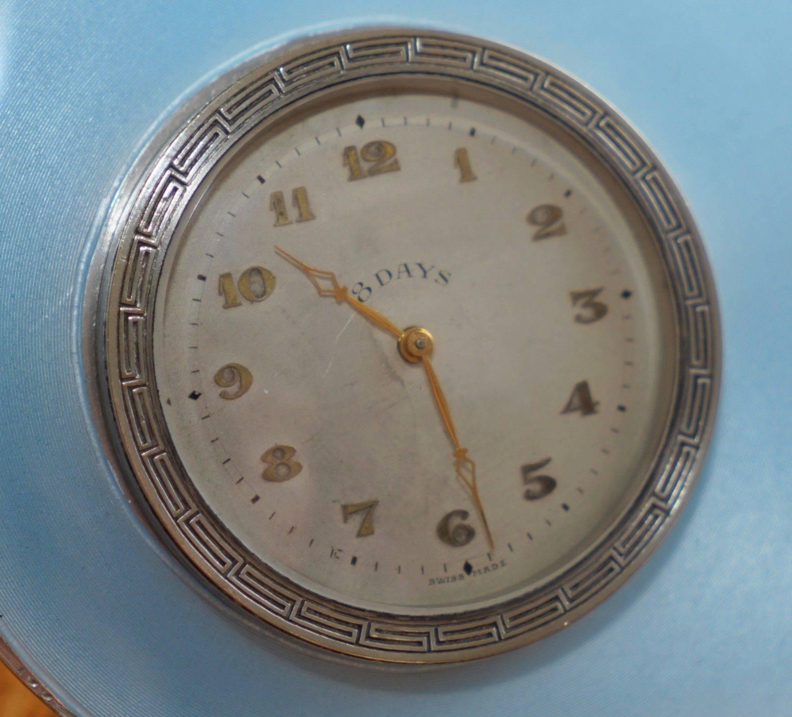 Georgian Rare 1938 Asprey Solid Sterling Silver Art Deco Guilloche Enamel 8 Day Clock