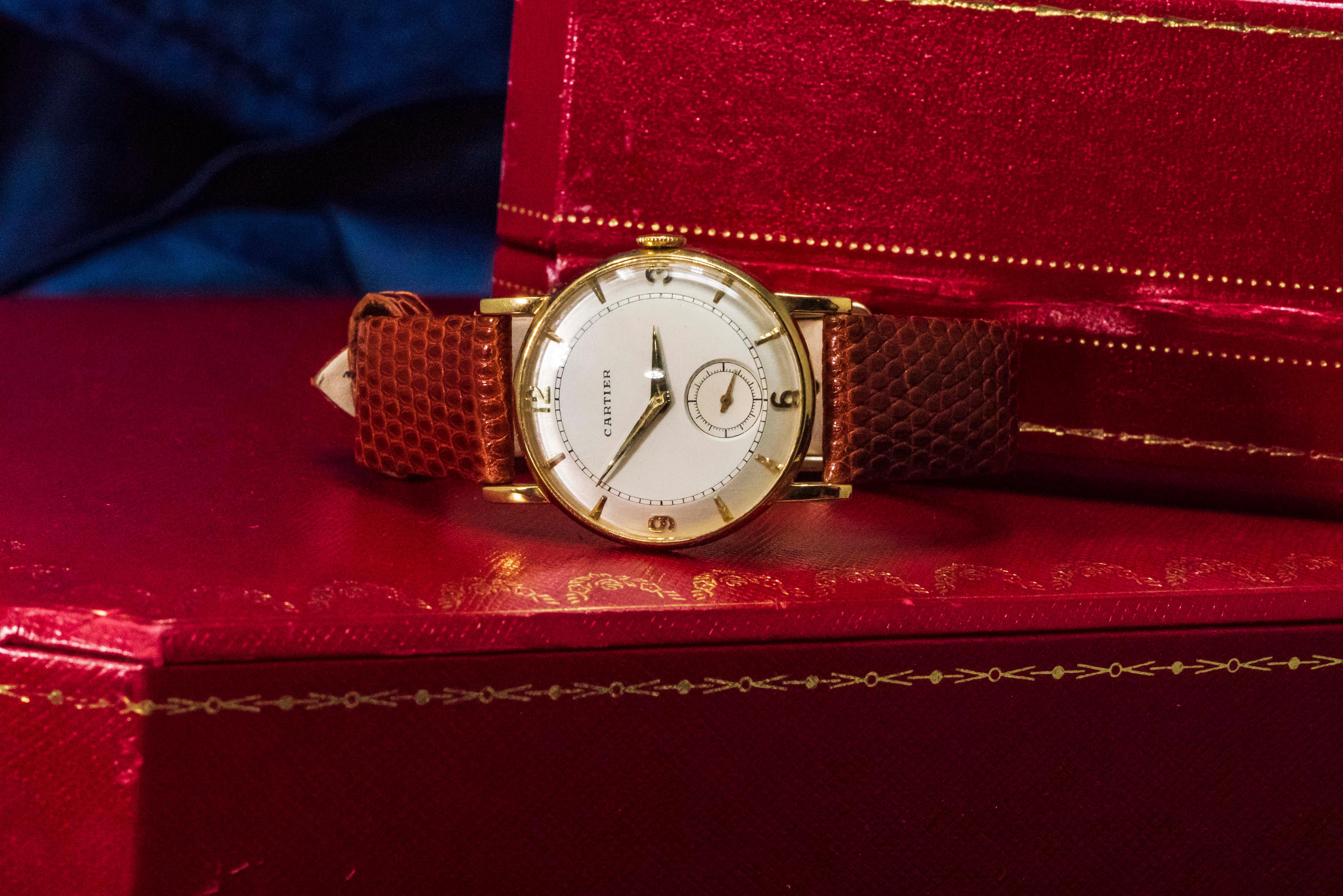 Rare 1940-50s 18k Cartier EWC 2tone Enamel & Satin Silver Sector Dial Wristwatch 5