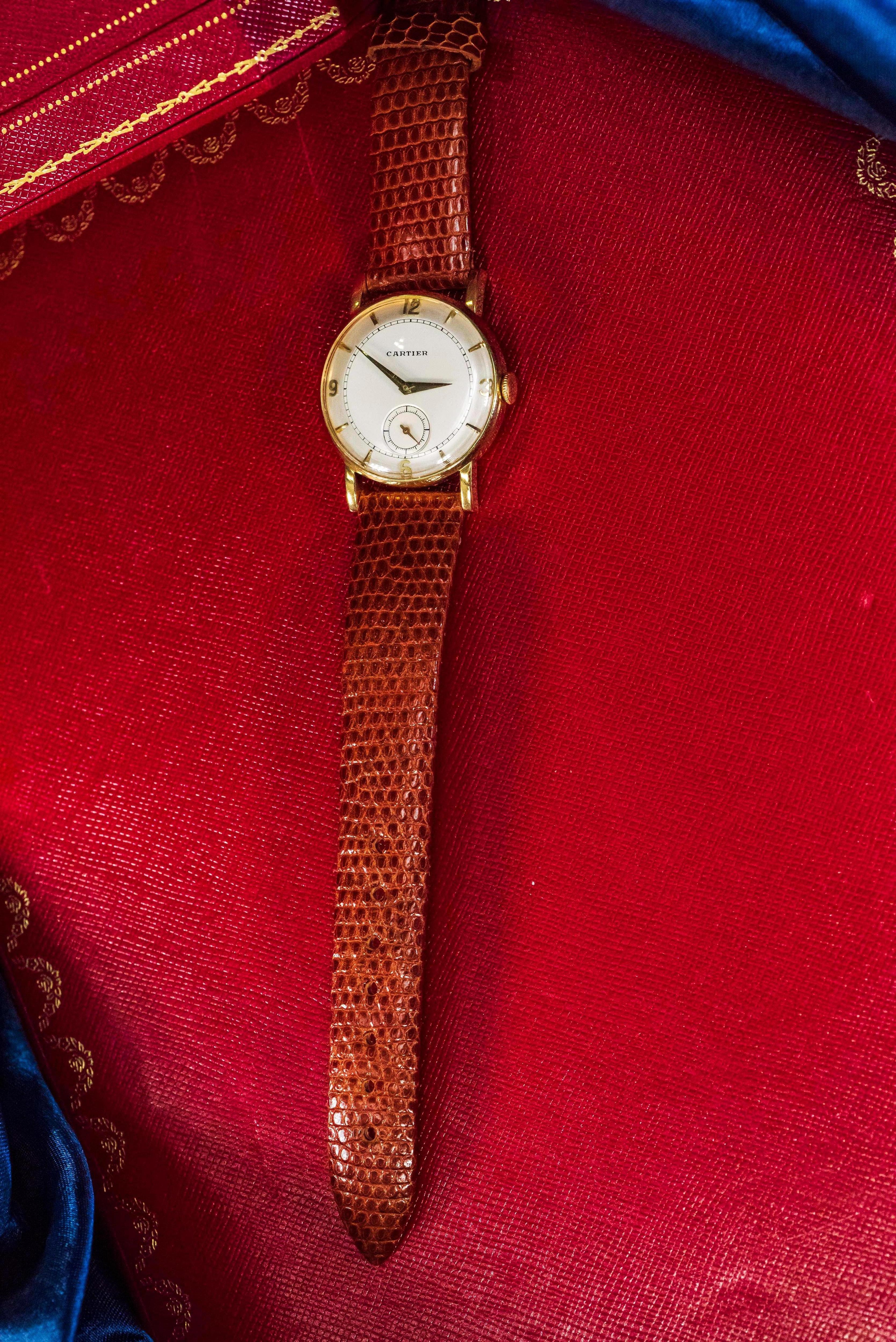 Rare 1940-50s 18k Cartier EWC 2tone Enamel & Satin Silver Sector Dial Wristwatch 6