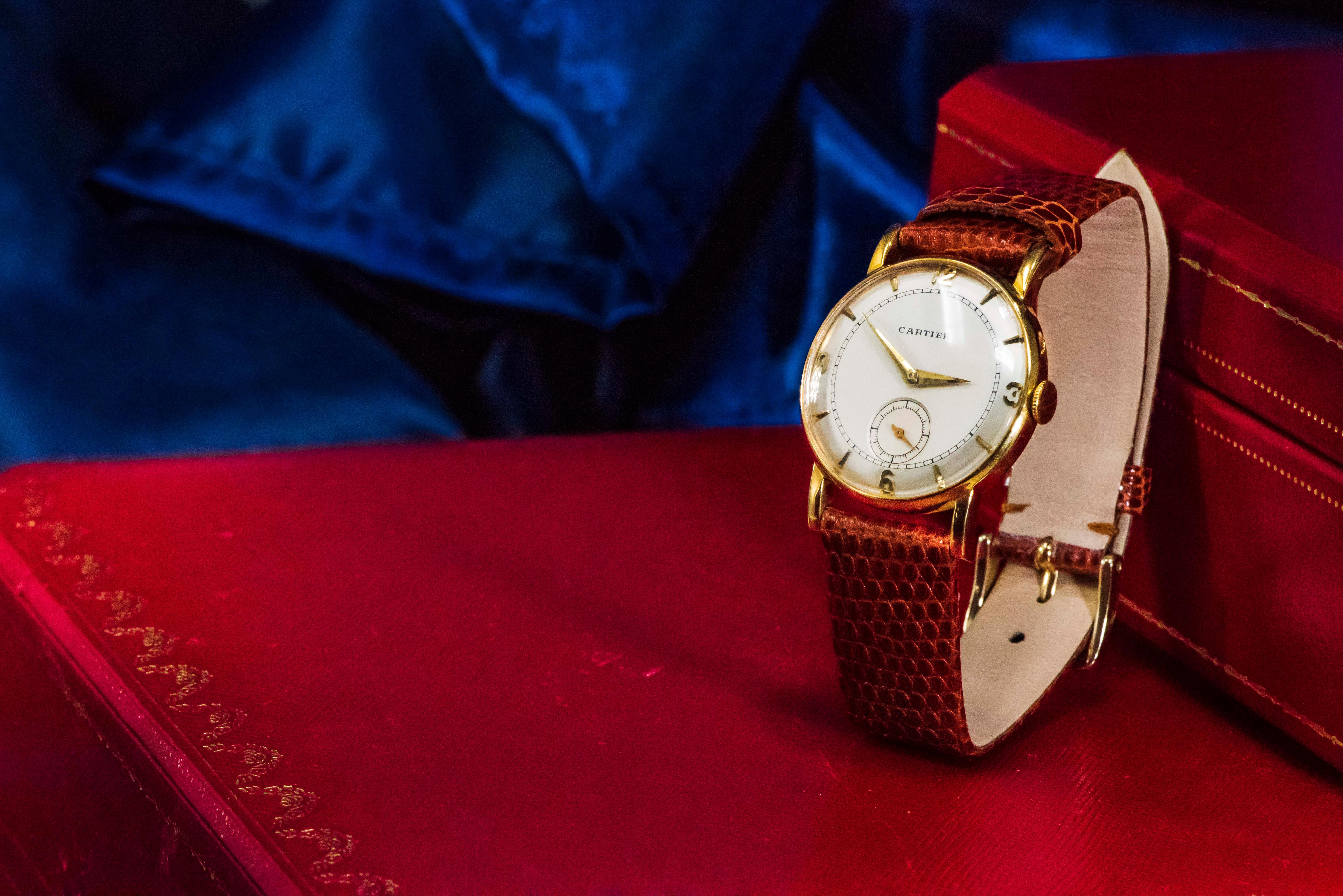 Rare 1940-50s 18k Cartier EWC 2tone Enamel & Satin Silver Sector Dial Wristwatch 7