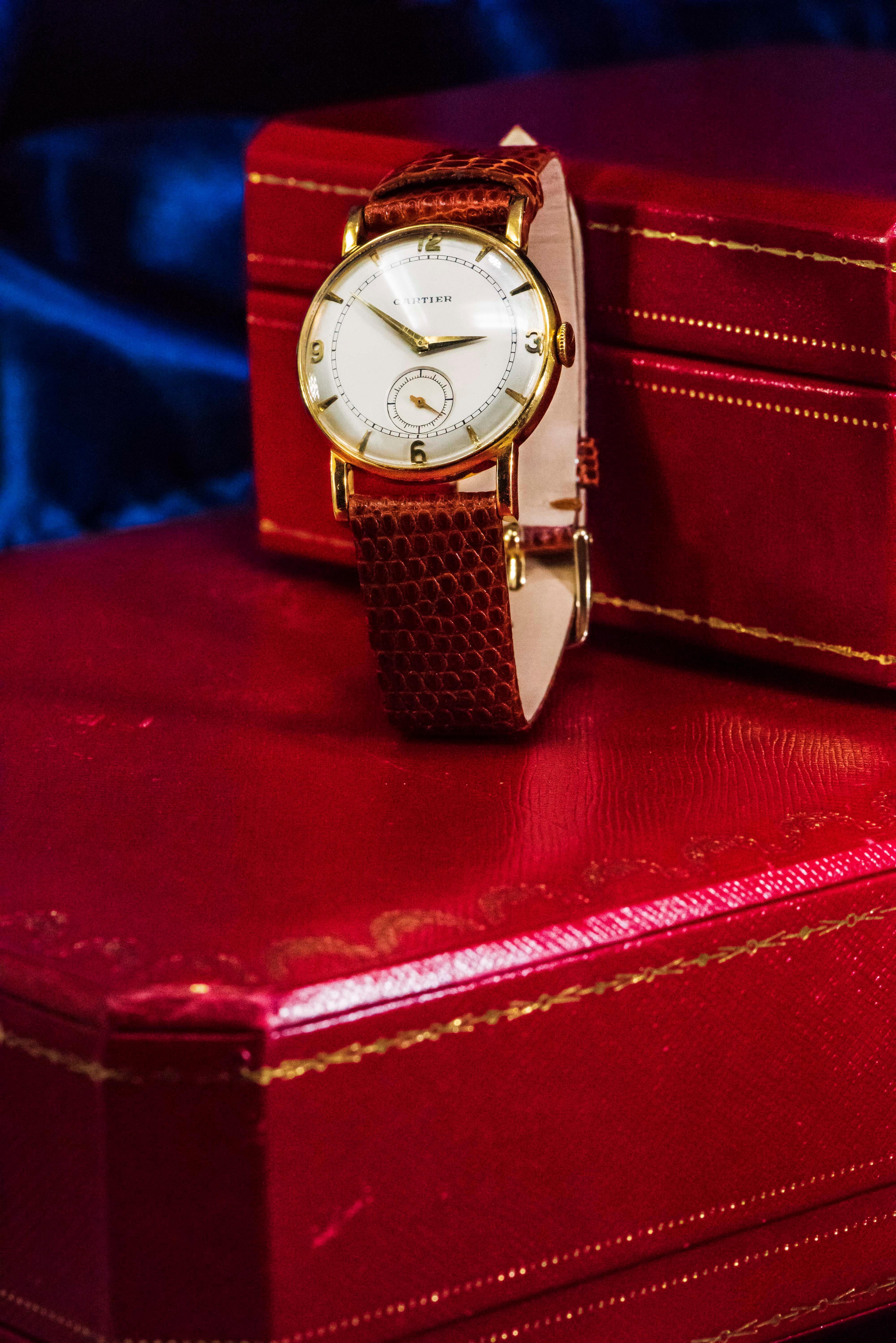 Rare 1940-50s 18k Cartier EWC 2tone Enamel & Satin Silver Sector Dial Wristwatch 8