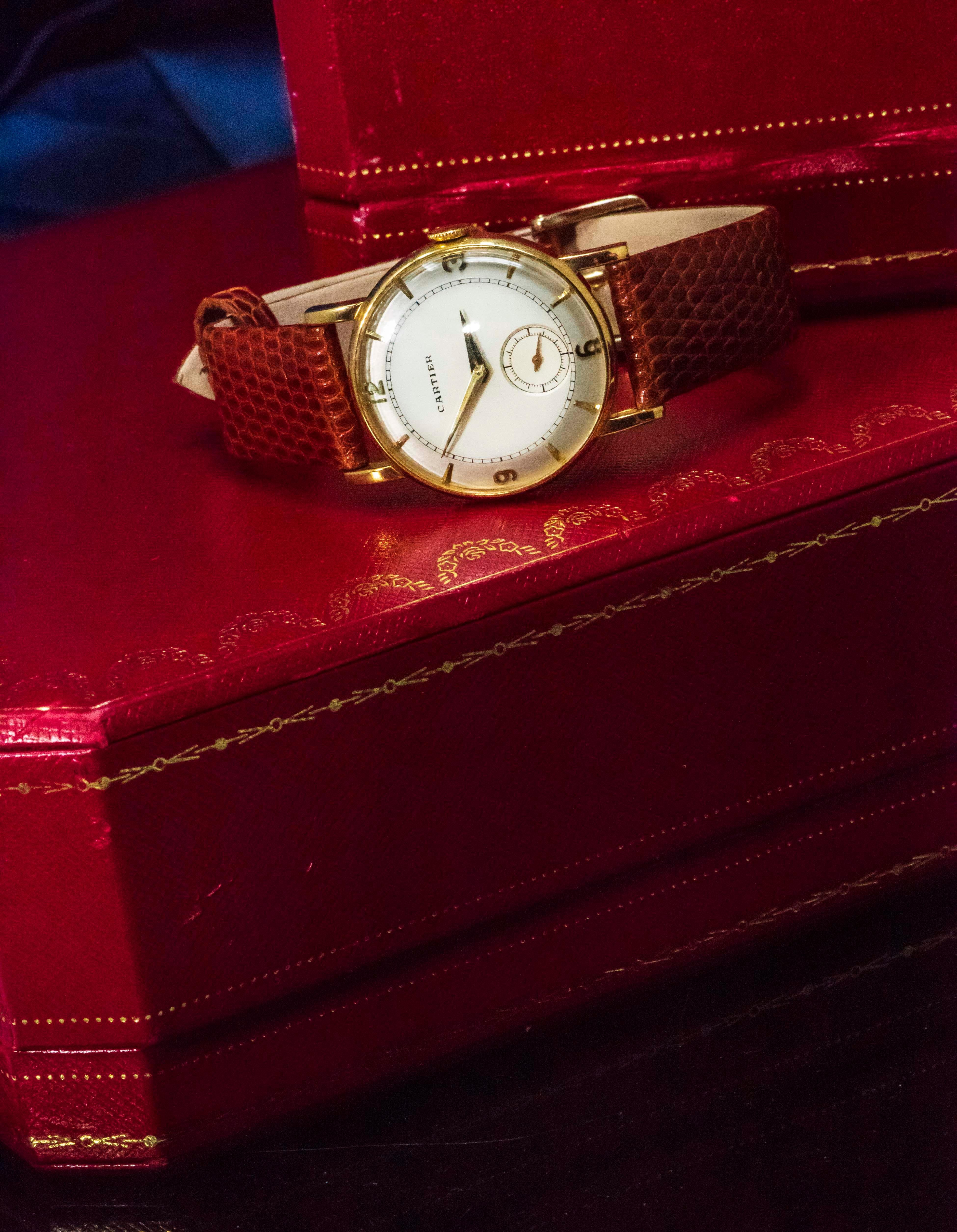 Rare 1940-50s 18k Cartier EWC 2tone Enamel & Satin Silver Sector Dial Wristwatch 9