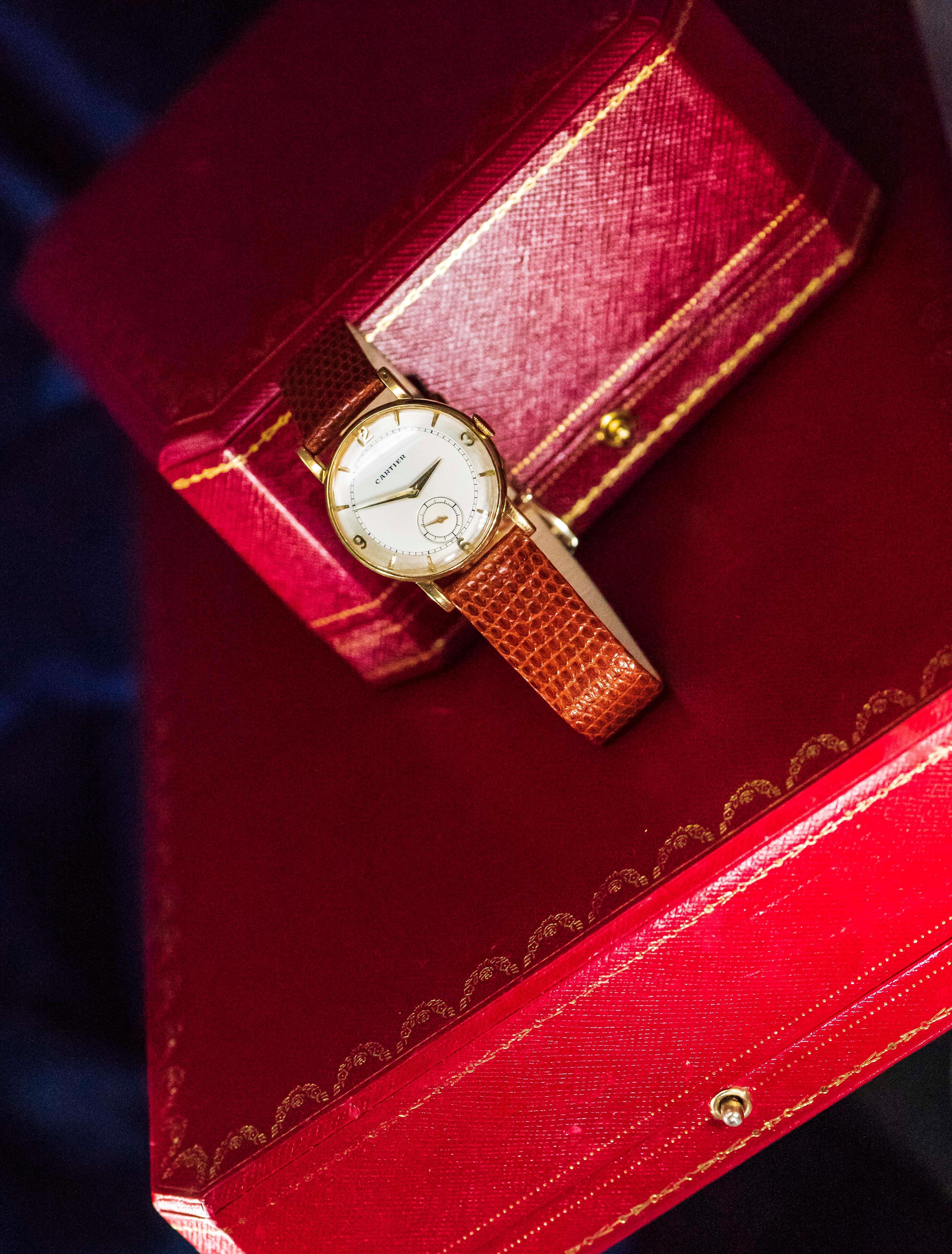 Rare 1940-50s 18k Cartier EWC 2tone Enamel & Satin Silver Sector Dial Wristwatch 12