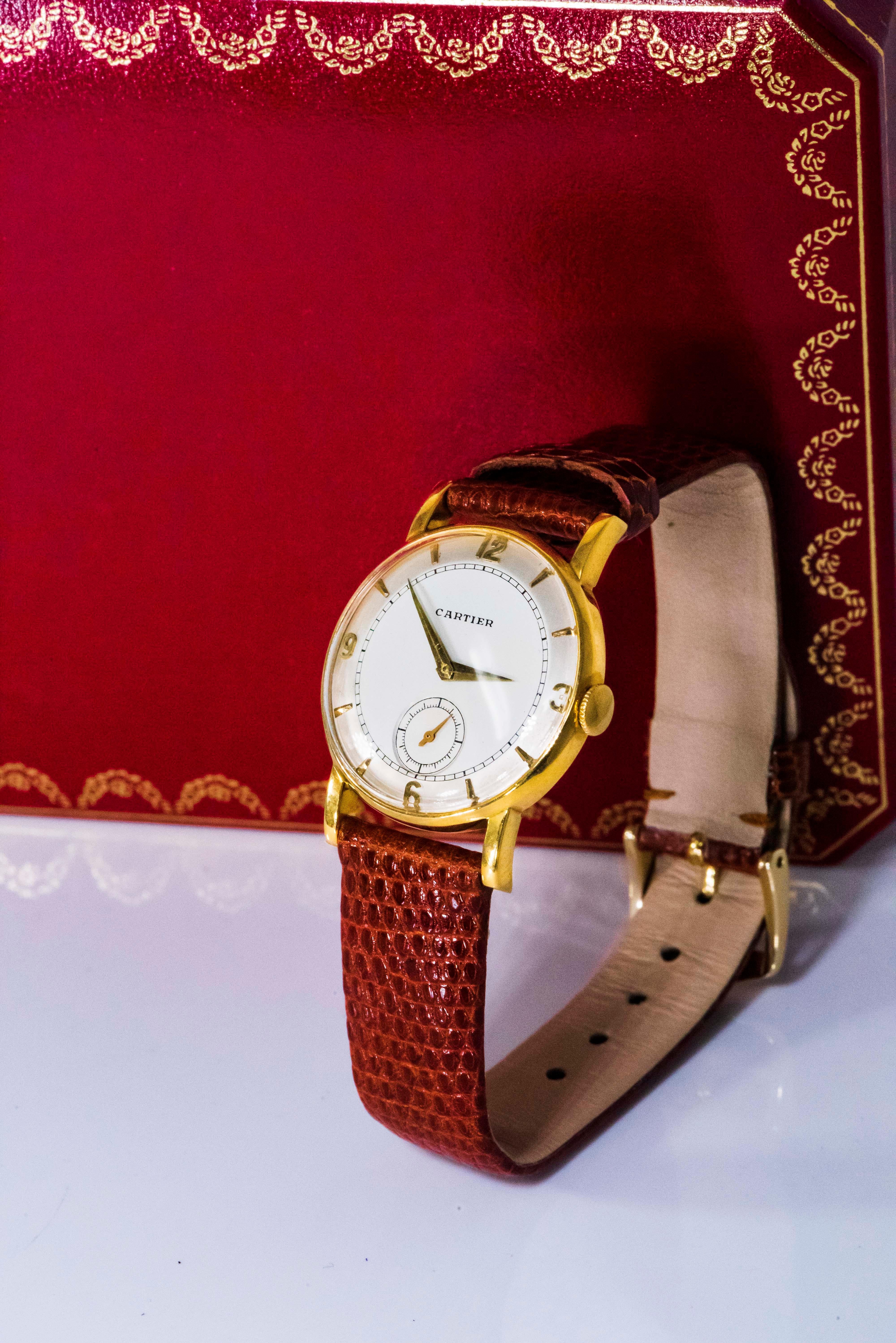 Rare 1940-50s 18k Cartier EWC 2tone Enamel & Satin Silver Sector Dial Wristwatch 13