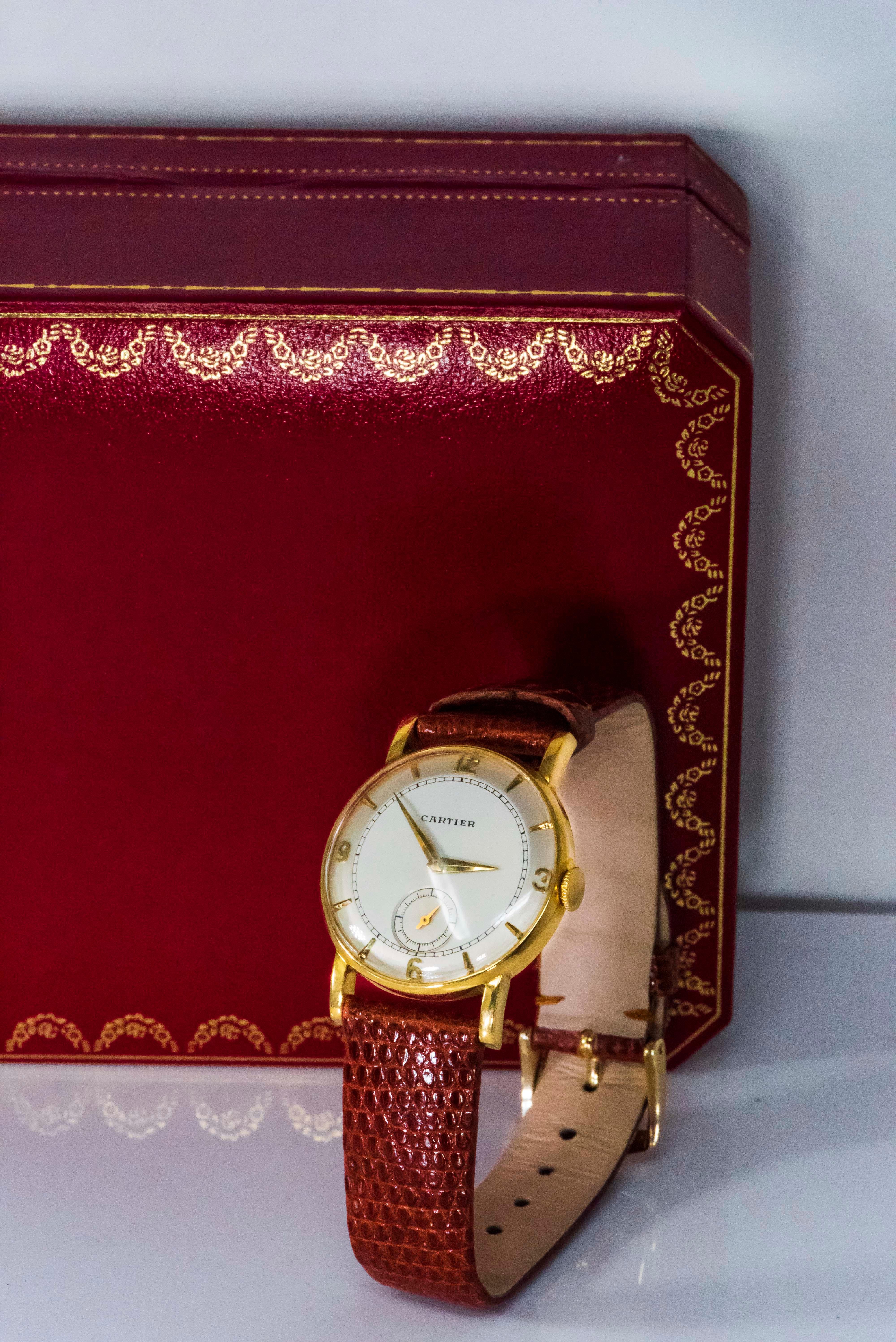 Rare 1940-50s 18k Cartier EWC 2tone Enamel & Satin Silver Sector Dial Wristwatch 14