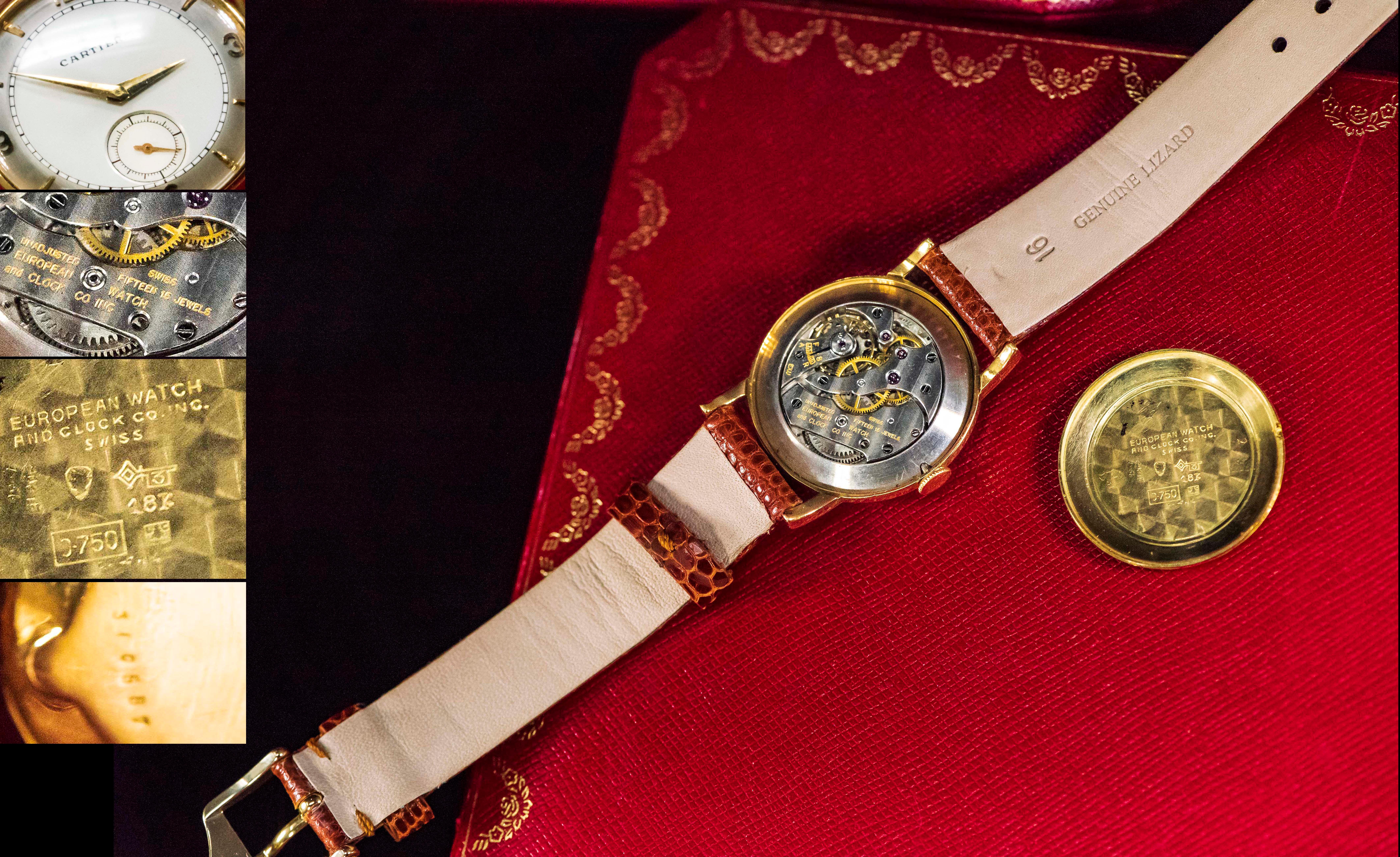 Art Deco Rare 1940-50s 18k Cartier EWC 2tone Enamel & Satin Silver Sector Dial Wristwatch