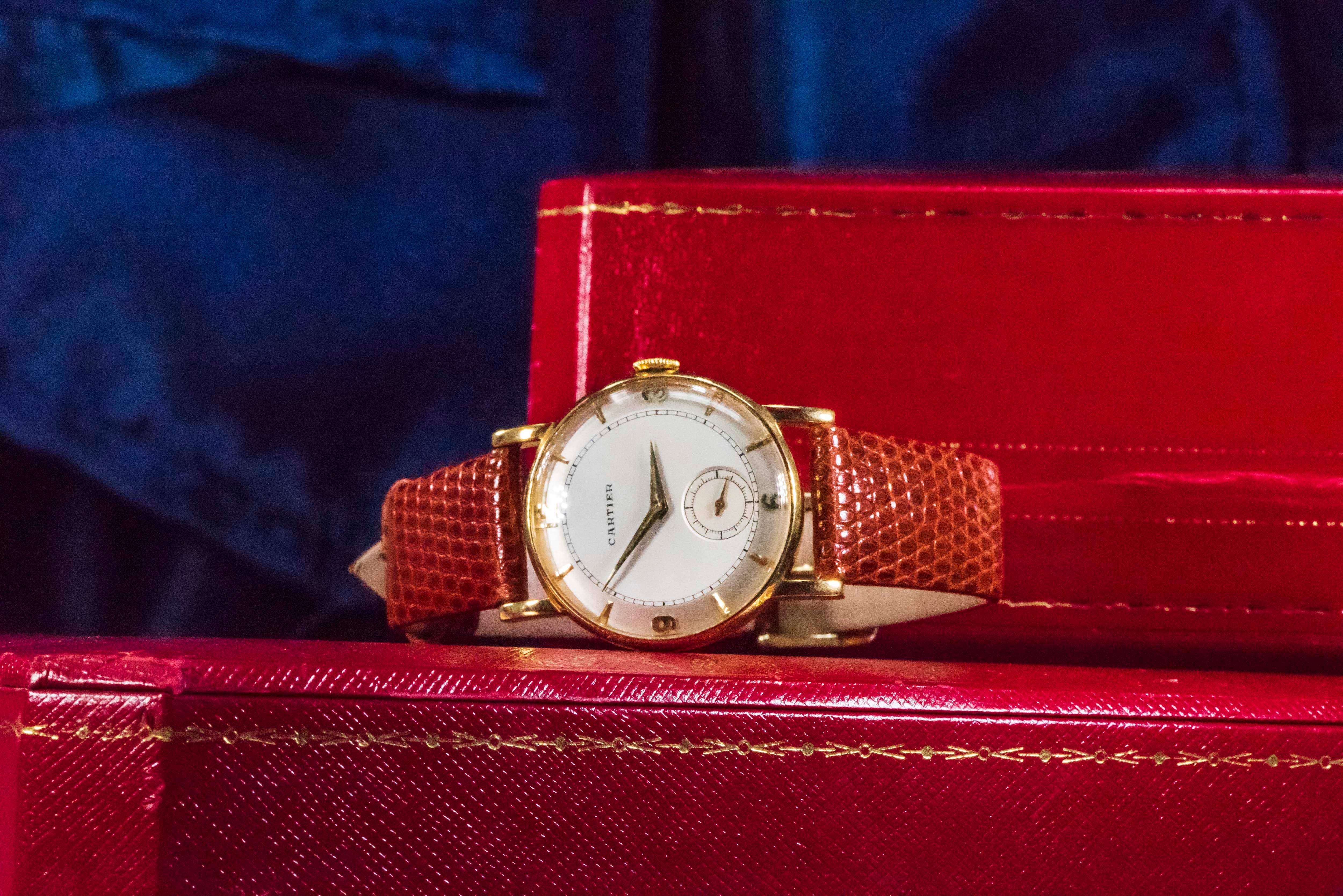 Rare 1940-50s 18k Cartier EWC 2tone Enamel & Satin Silver Sector Dial Wristwatch 3