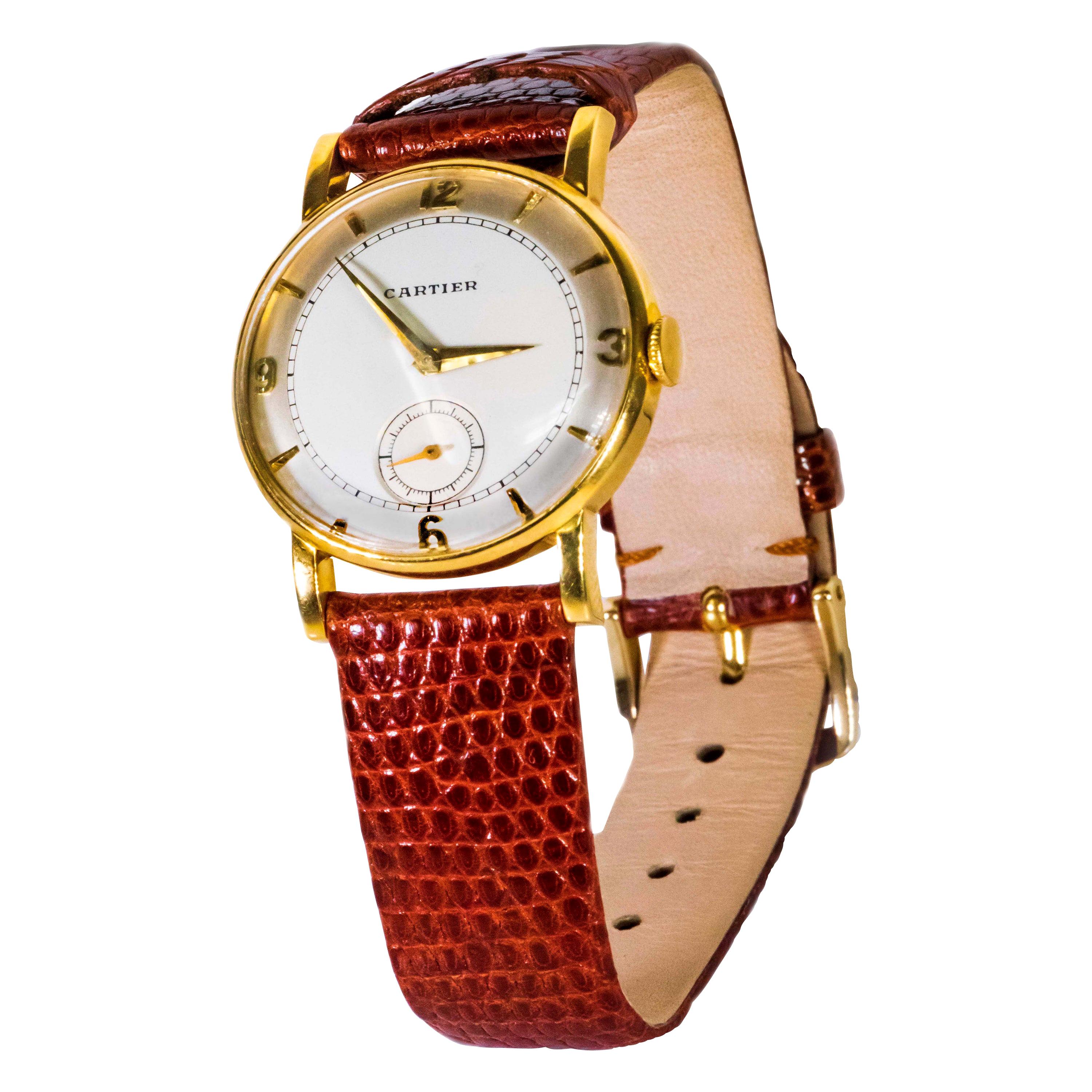 Rare 1940-50s 18k Cartier EWC 2tone Enamel & Satin Silver Sector Dial Wristwatch