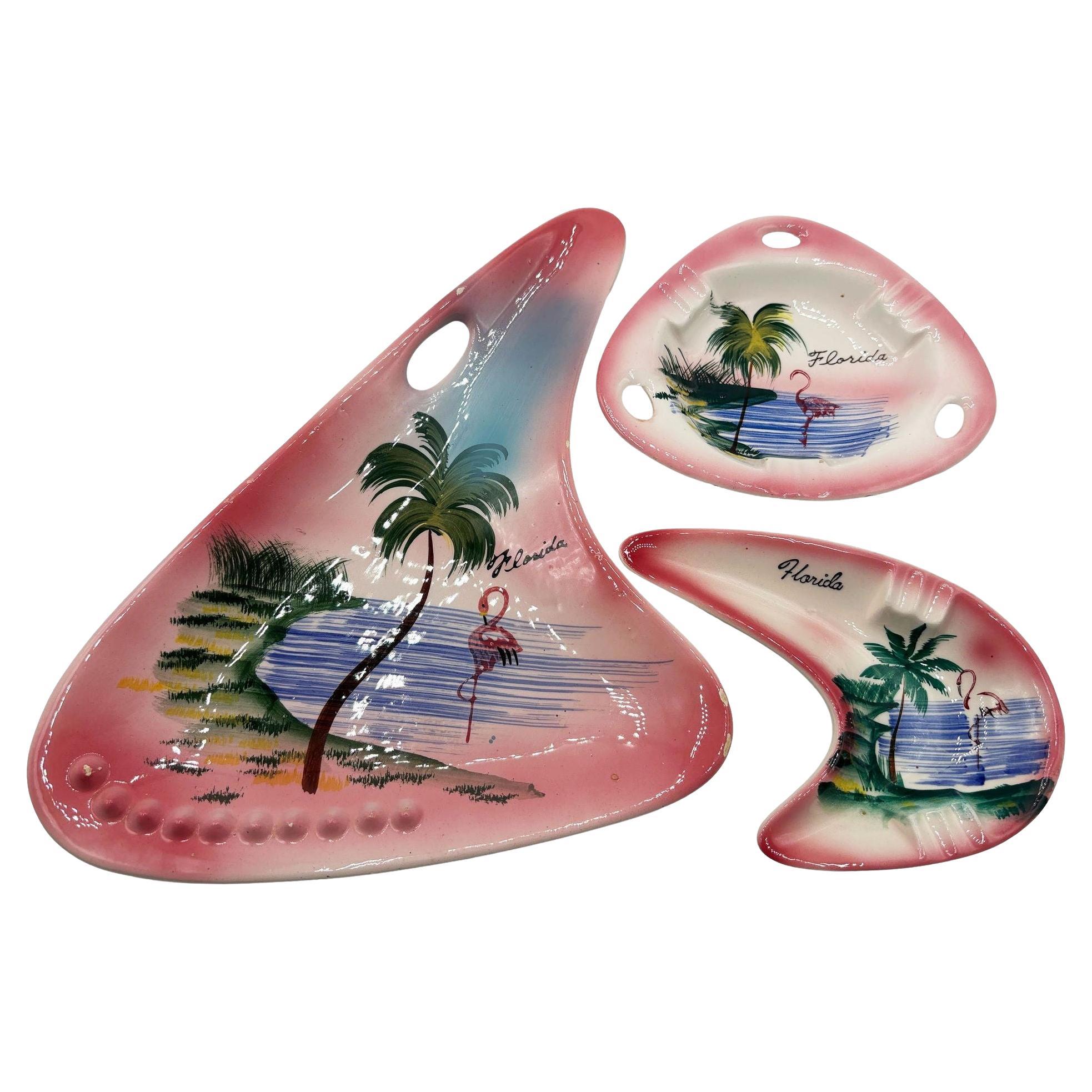 Rare 1940 Biomorphic Pink Flamingo Florida Ceramic Ashtray Set of 3 by Sun