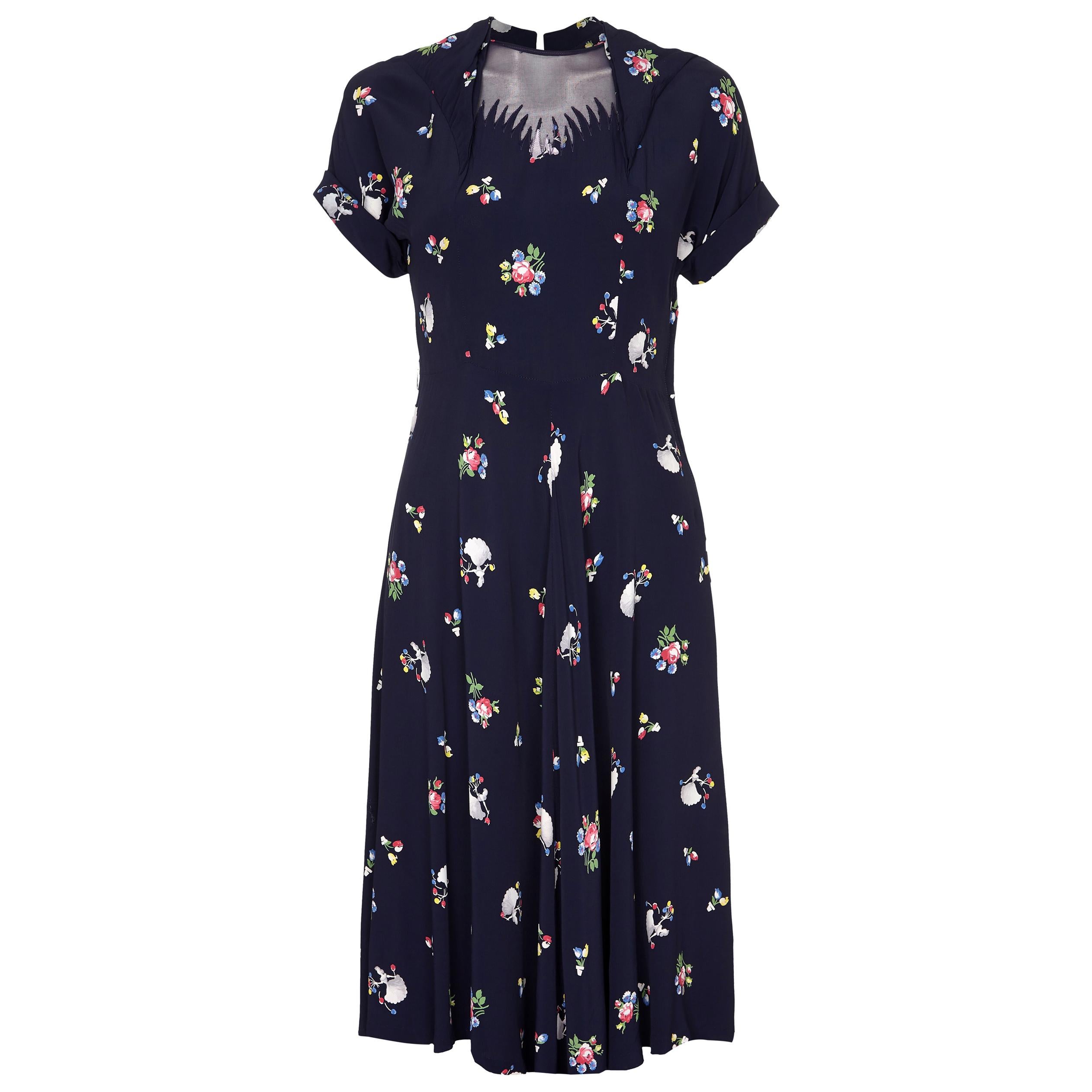 Rare 1940s Ballerina Novelty Print Rayon Tea Dress with Chiffon Neckline