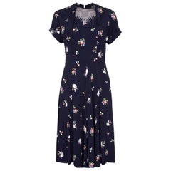 Vintage Rare 1940s Ballerina Novelty Print Rayon Tea Dress with Chiffon Neckline