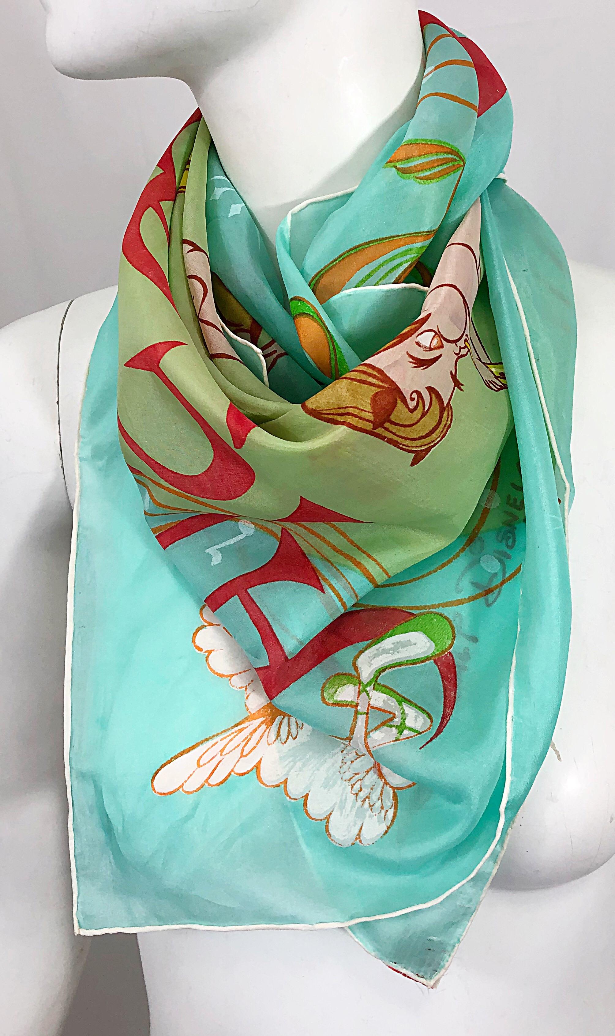 Rare and collectible 1940s FANTASIA Disney cartoon print silk and rayon scarf! Features the signature cartoon characters from the tale, including centaur, a stork and other characters. Hand rolled edges. Perfectly wearable or framed. Can be worn