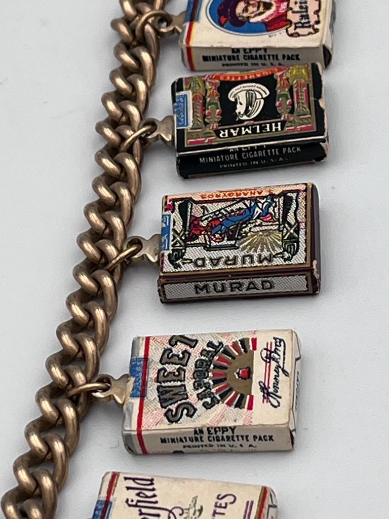 cigarette bracelet Rare 1940's Early Eppy Novelty Cigarette Pack Smoking Charm Bracelet W/ 8 Charms
