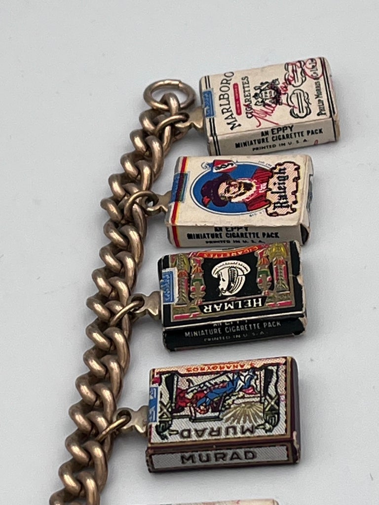 Rare 1940's Early Eppy Novelty Cigarette Pack Smoking Charm Bracelet W/ 8 Charms