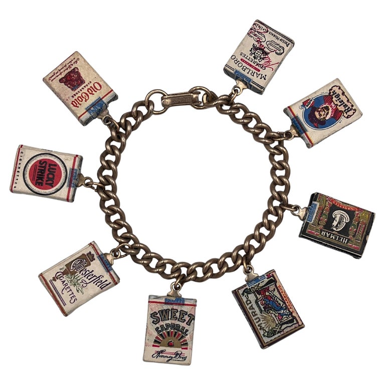 cigarette charms Rare 1940's Early Eppy Novelty Cigarette Pack Smoking Charm Bracelet W/ 8 Charms
