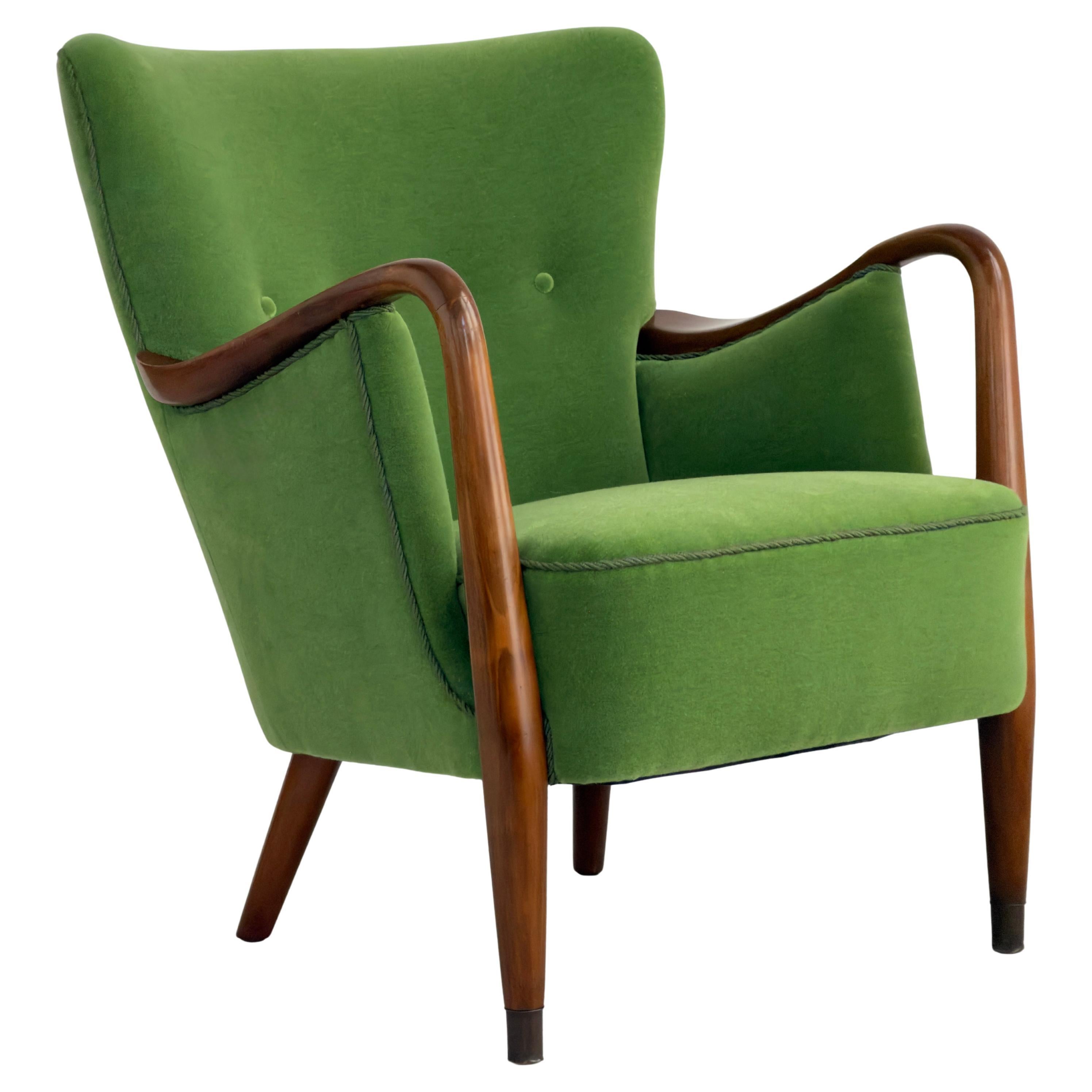 Danish Lounge Chair by Slagelse Møbelværk, 1940s reupholstered in Green Mohair