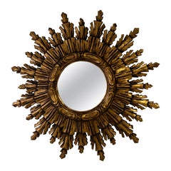 Rare 1940s French Big 24" Convex Gold Gilt Sunburst Starburst Mirror