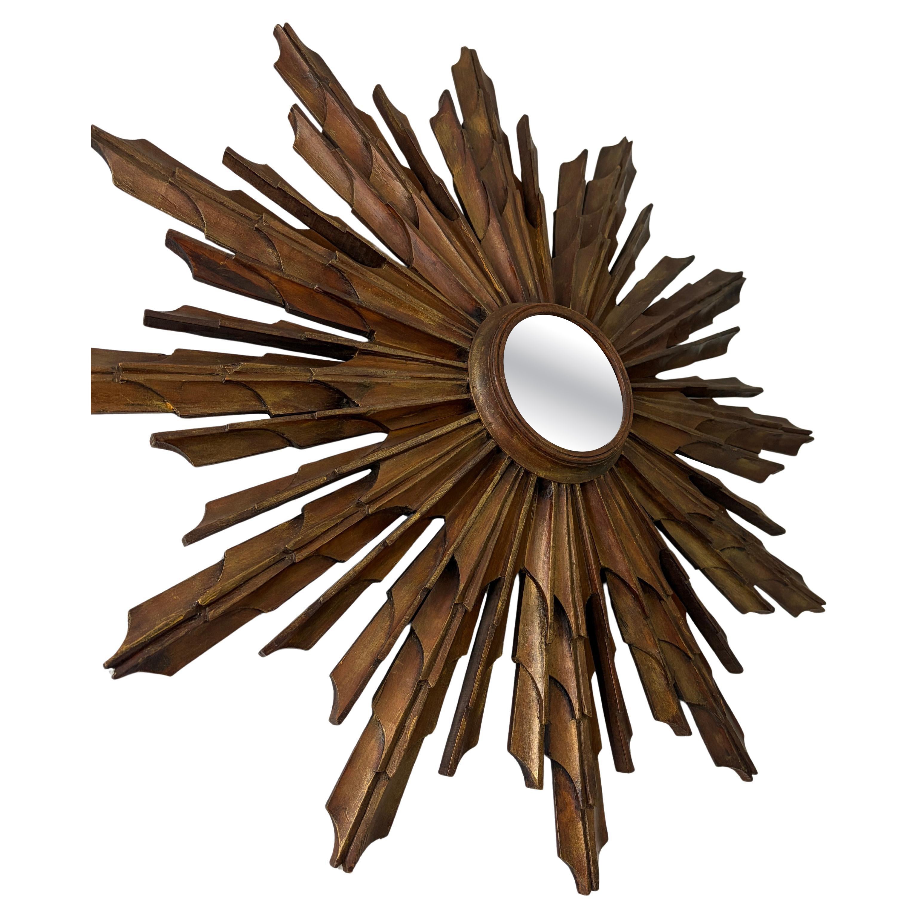 Rare 1940s French Big 24" Convex Gold Gilt Sunburst Starburst Mirror For Sale