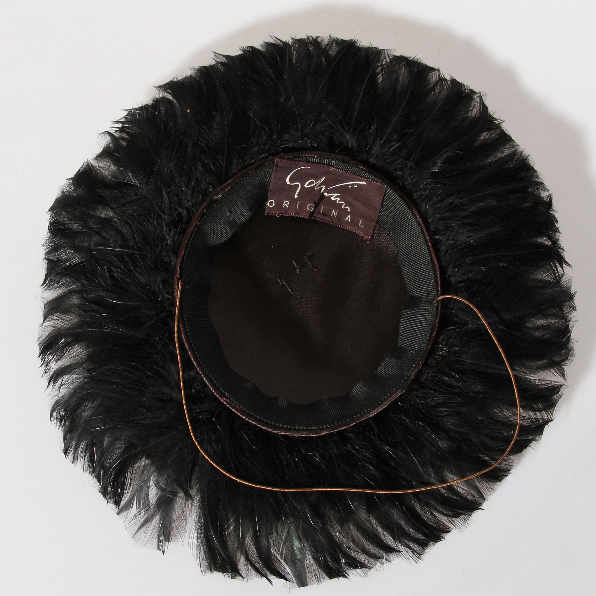 Black Rare 1940’s Gilbert Adrian Tiered Cockerel Feather Fascinator Hat