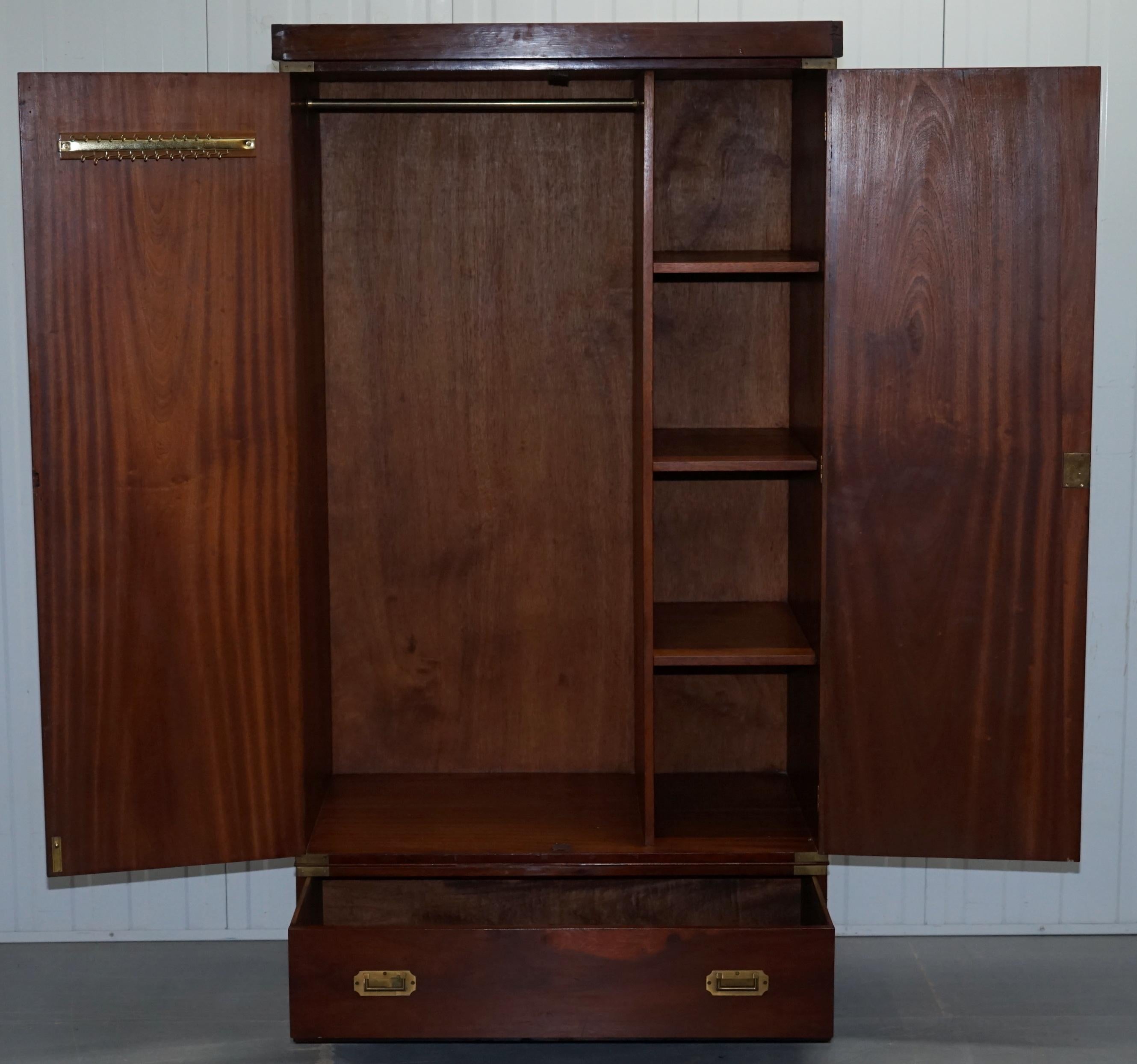 20th Century Rare 1940s Harrods London Military Campaign Wardrobe Mahogany & Brass Drawers