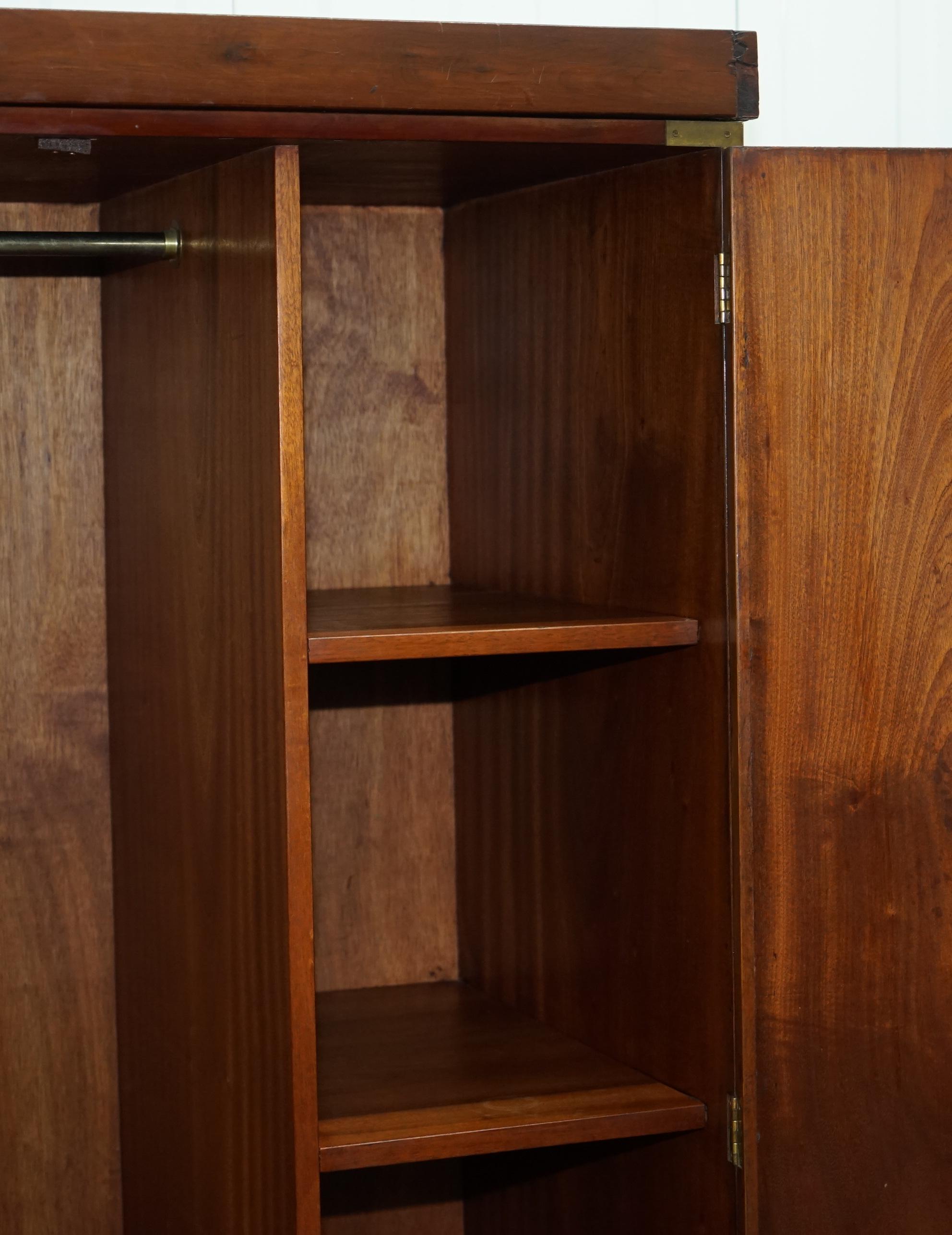 Rare 1940s Harrods London Military Campaign Wardrobe Mahogany & Brass Drawers 3