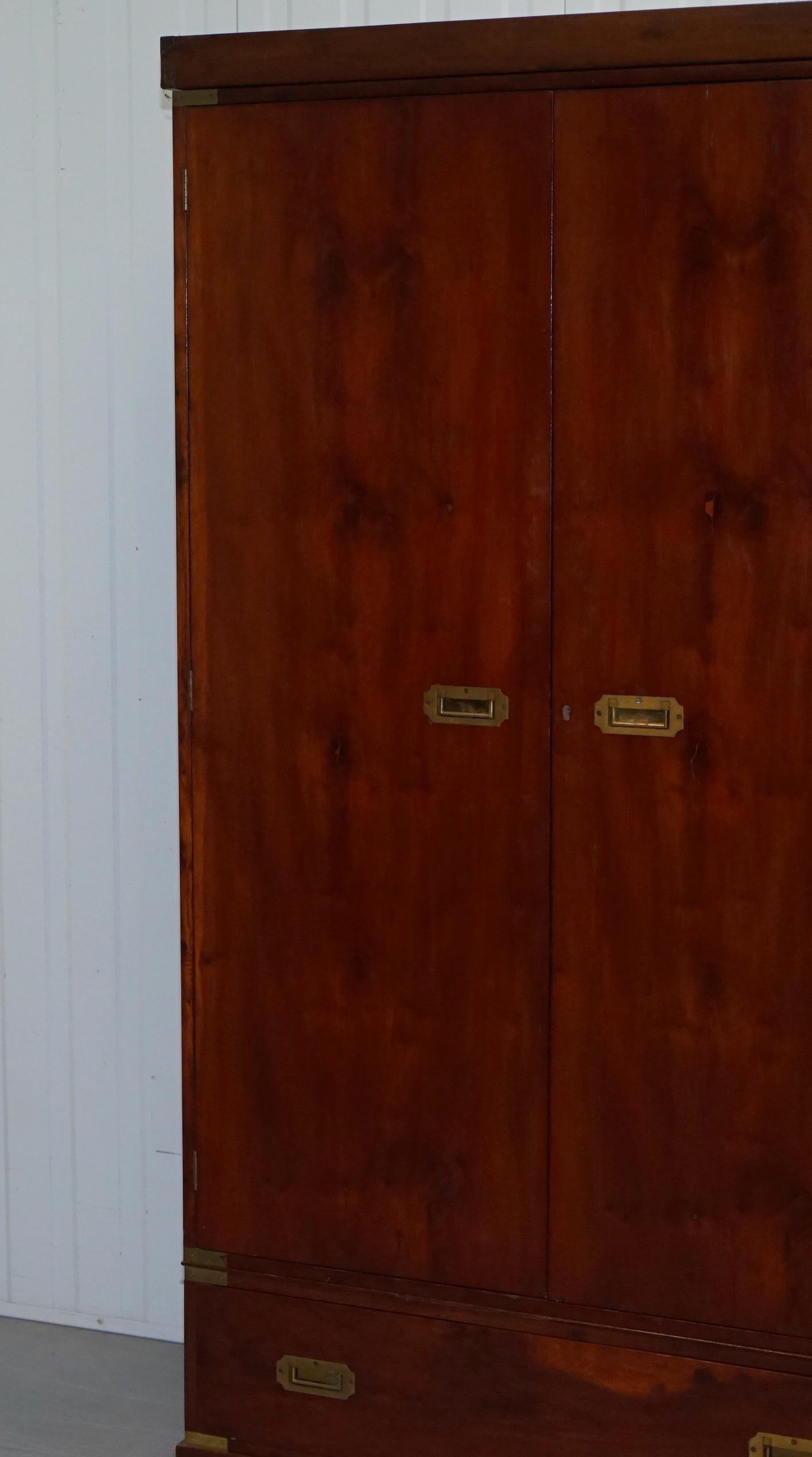 Mid-Century Modern Rare 1940s Harrods London Military Campaign Wardrobe Mahogany & Brass Drawers