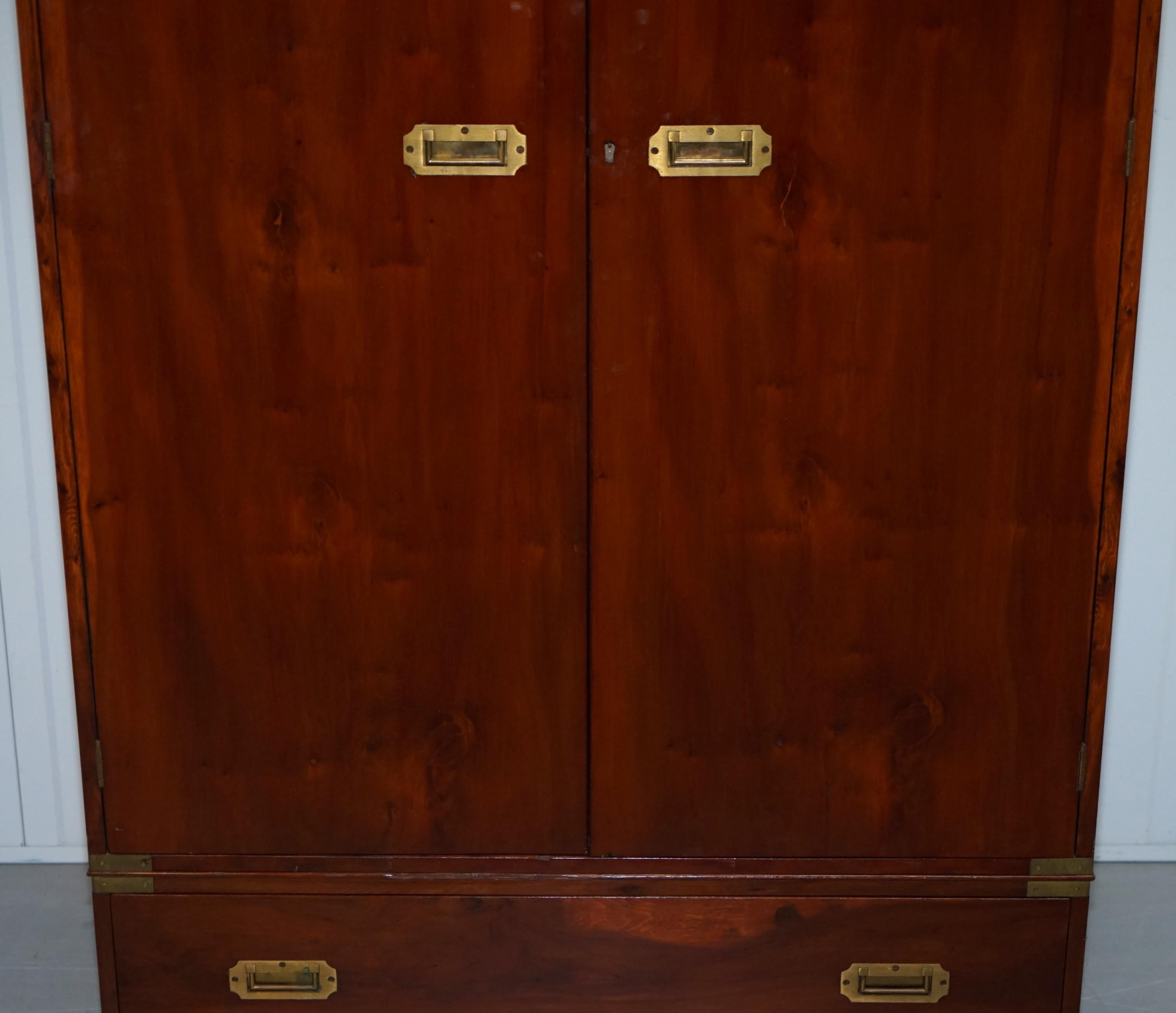 Hand-Carved Rare 1940s Harrods London Military Campaign Wardrobe Mahogany & Brass Drawers