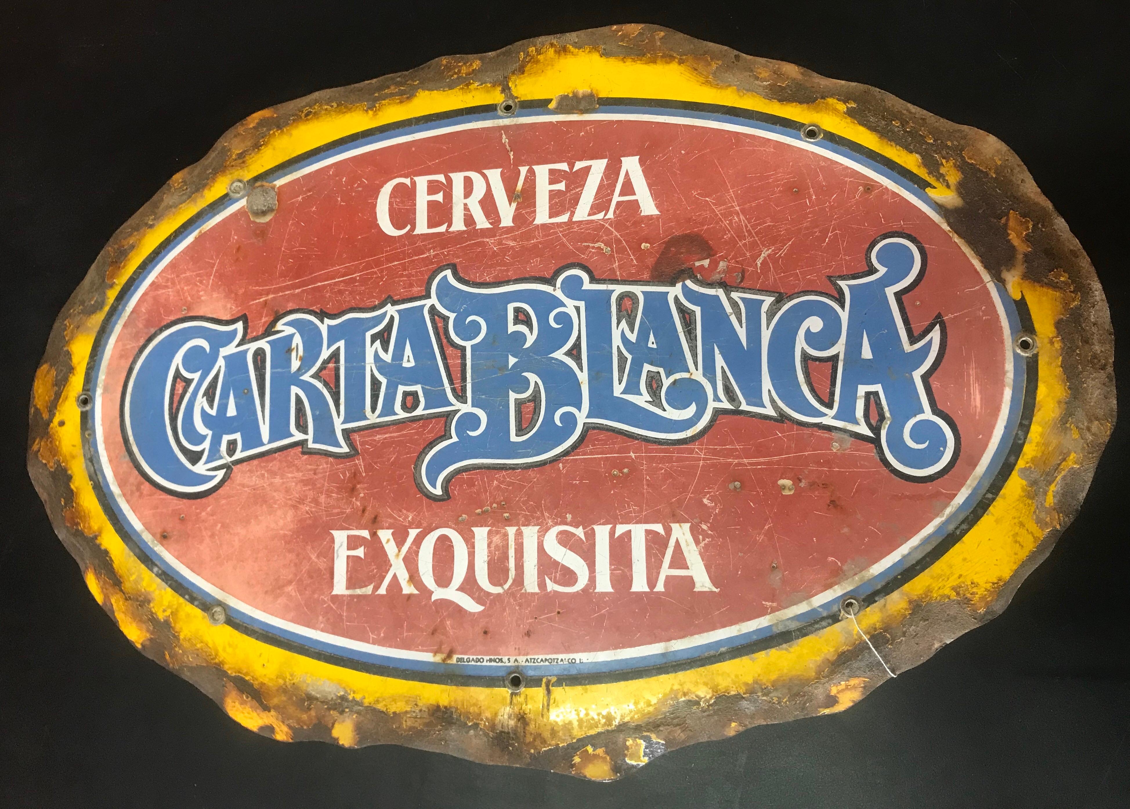 Seltenes Carta Blanca Bier Porzellan Metallschild.
Mexiko, ca. 1940er Jahre.