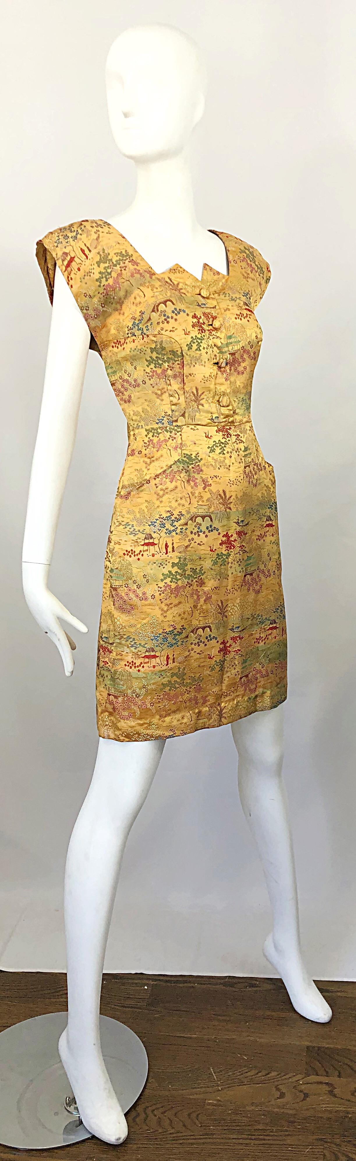 Brown Rare 1940s Novelty Asian Print Avant Garde Silk Strong Shoulder Vintage Dress For Sale