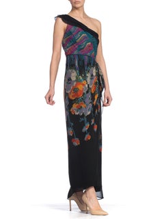 1940'S Black Silk & Rayon Chiffon Rare One Shoulder Gown With Asymmetrical Drap