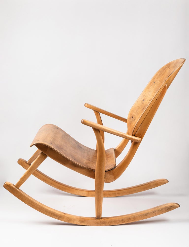 Rare 1940s Rocking chair by Ilmari Tapiovaara. This extremely rare and beautiful chair was fabricated in European birch by Keravan Puuteollisuus Oy, Finland, circa the late 1940s. This incredibly refined design is quintessentially Finnish.

A second