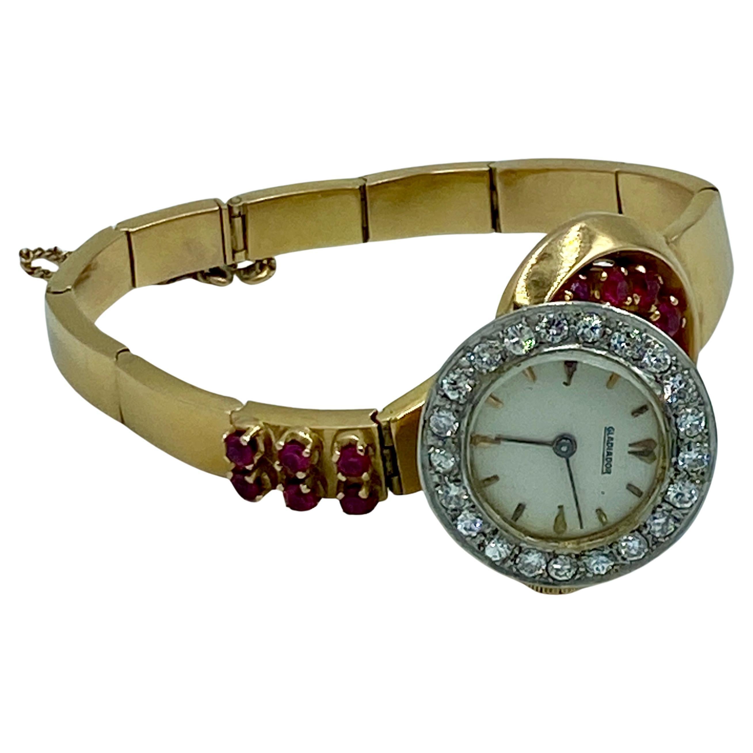 Rare 1940s ruby and diamond 18k gold asymetric watch