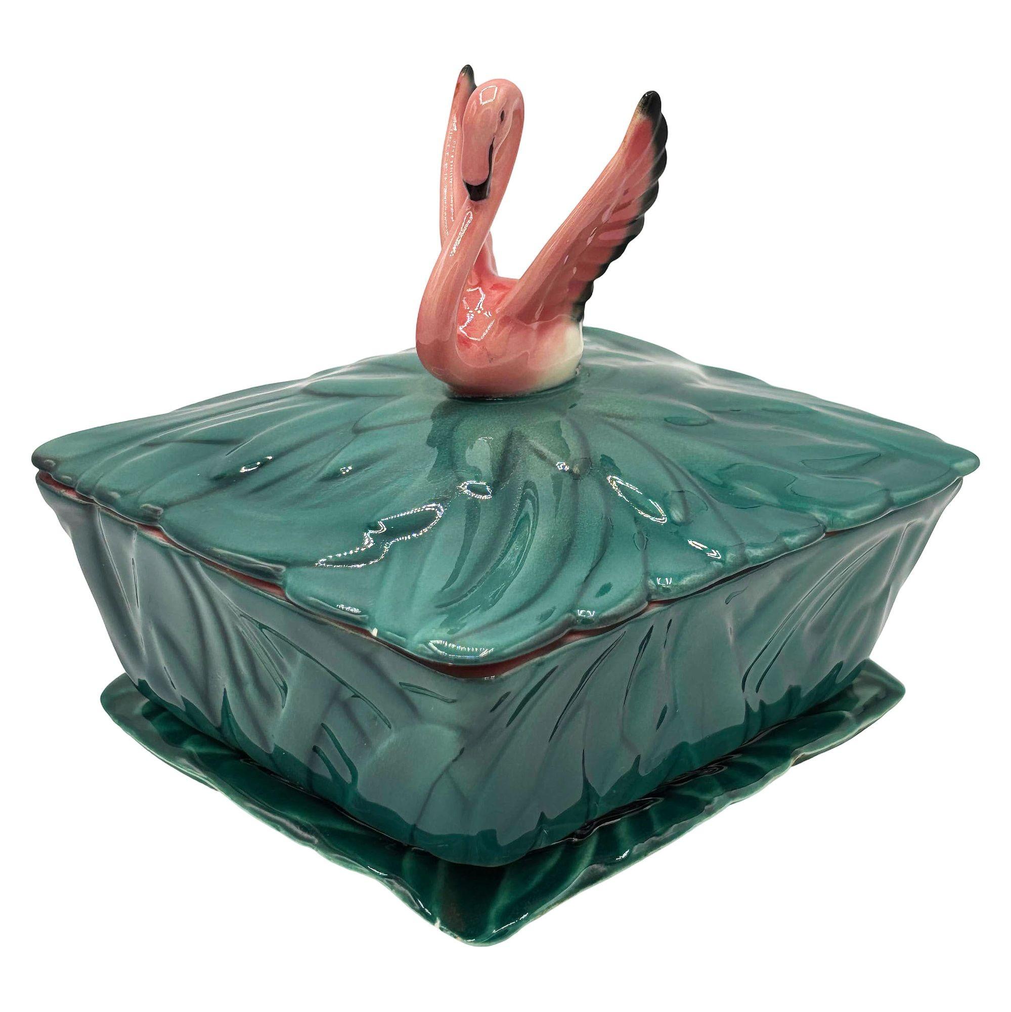 Seltene 1947 Kunst Töpferei Rosa Flamingo Zigarettenschachtel & Aschenbecher signiert Will-George (Moderne der Mitte des Jahrhunderts) im Angebot