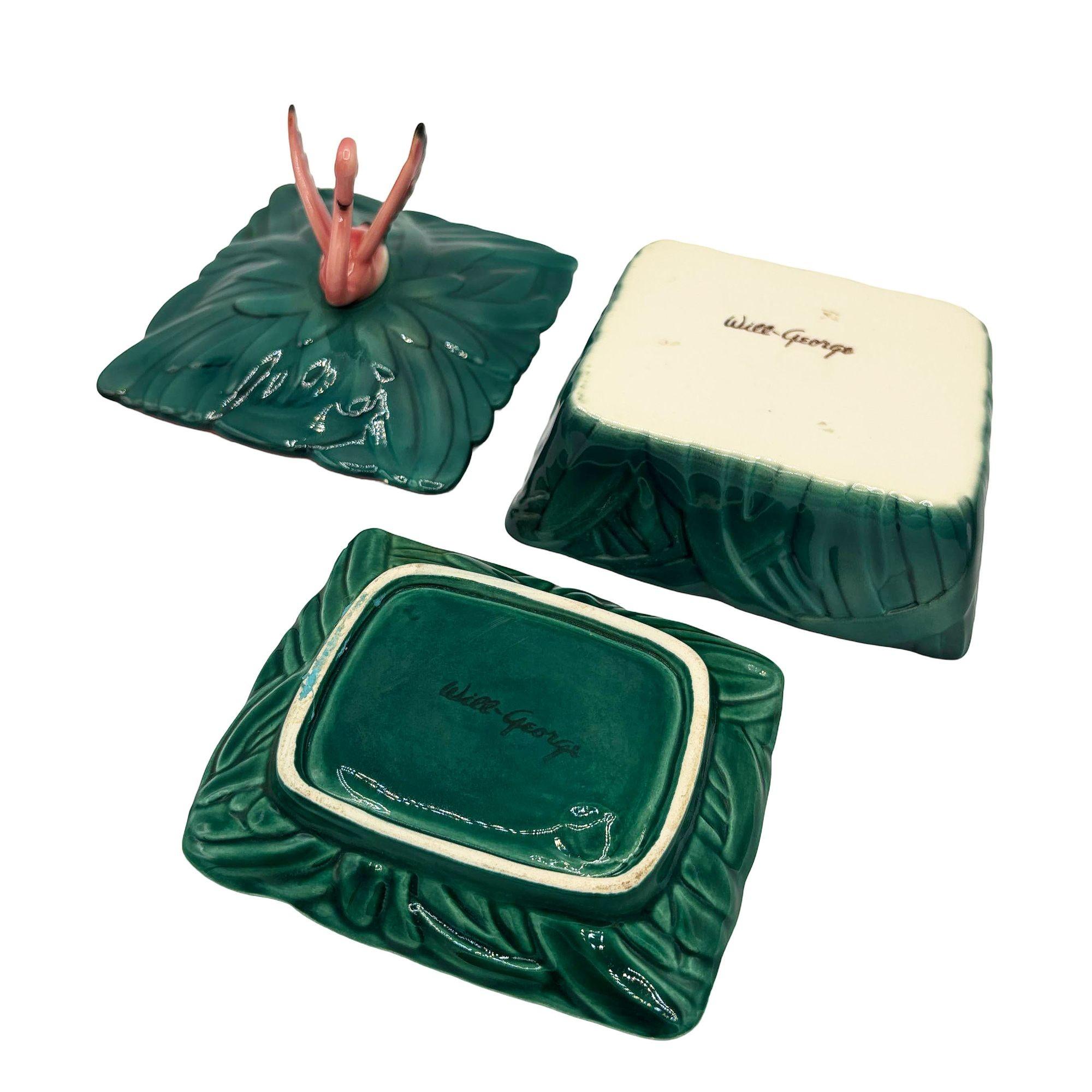 Seltene 1947 Kunst Töpferei Rosa Flamingo Zigarettenschachtel & Aschenbecher signiert Will-George im Zustand „Hervorragend“ im Angebot in Van Nuys, CA