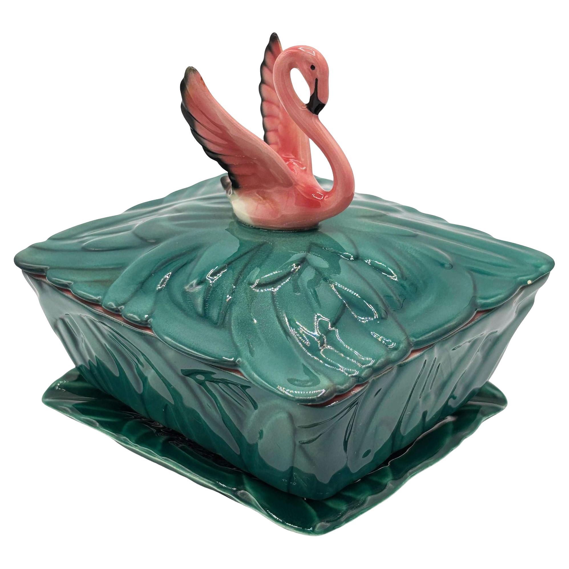 Seltene 1947 Kunst Töpferei Rosa Flamingo Zigarettenschachtel & Aschenbecher signiert Will-George im Angebot