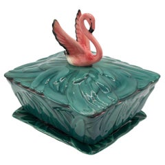 Rare 1947 Art Pottery Pink Flamingo Cigarette Box & Ashtray Signed Will-George