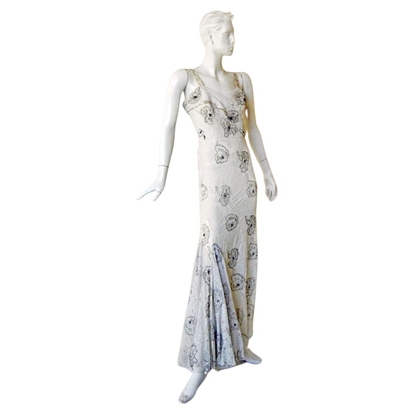 Rare 1948 Jacques Fath Beaded Chantilly Lace Dress Gown