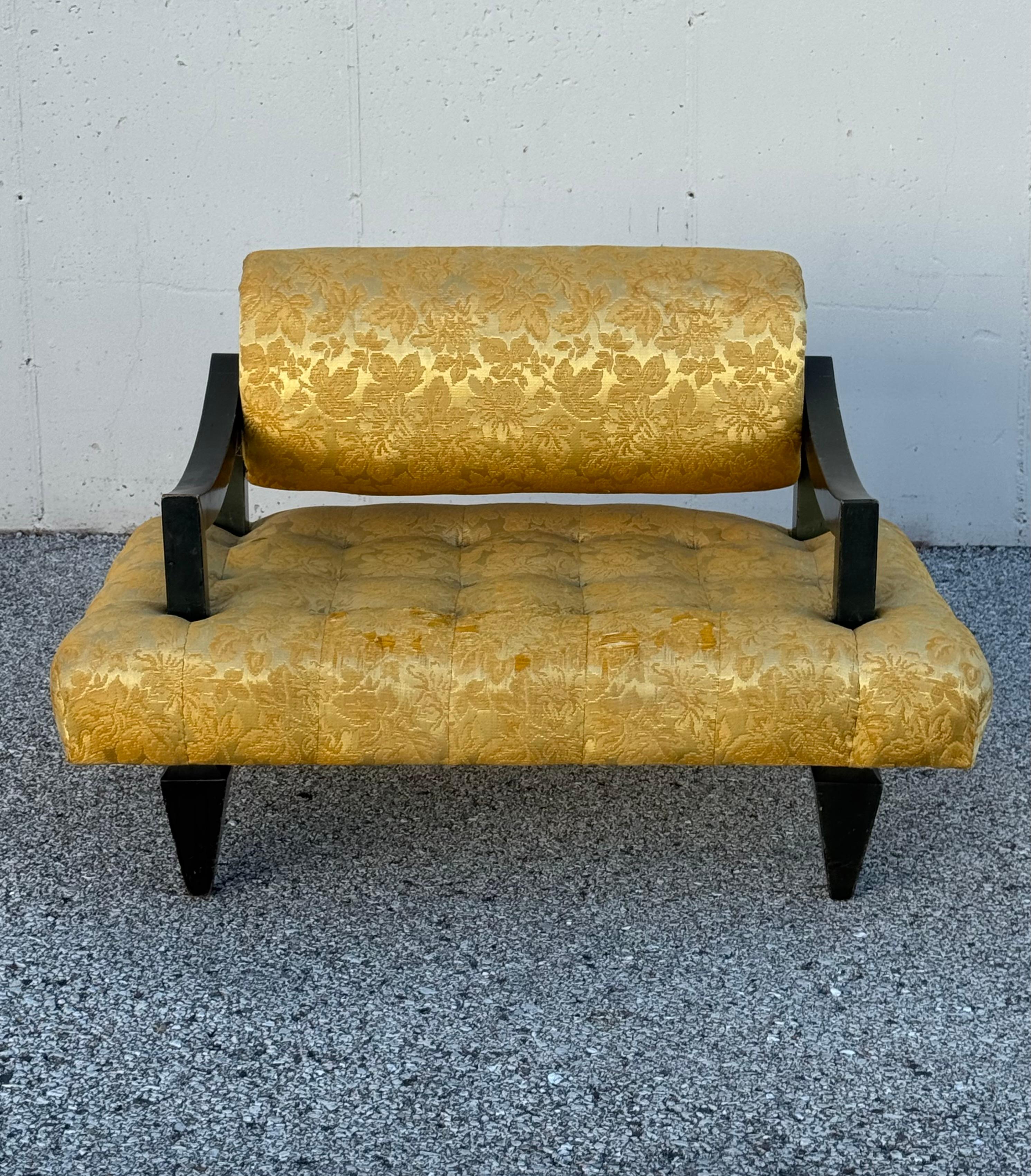 Circa 1948, documented, by famed NYC designer James Mont, this mid-century modern wide tufted seat lounge chair with ebonized sycamore frame, is ready for your customization. Send your fabric, pick your frame color and let my professional restorers