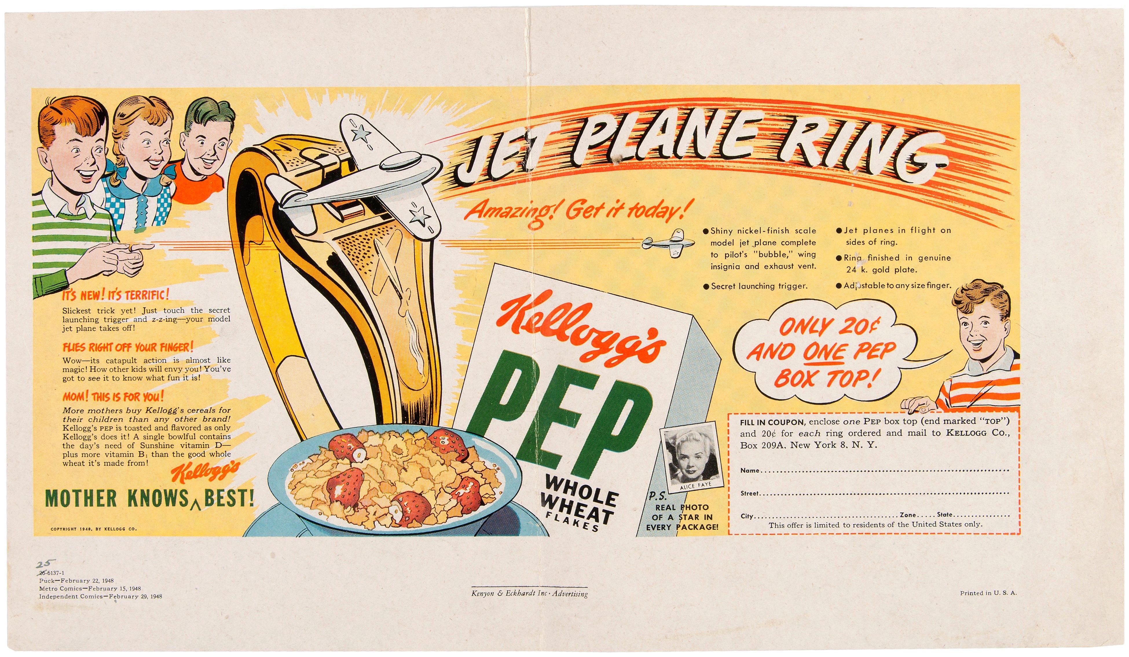 20th Century Rare 1948 Kellogg's Pep Cereal Ring F-87 Jet Fighter Plane 24-Karat Gold Plate