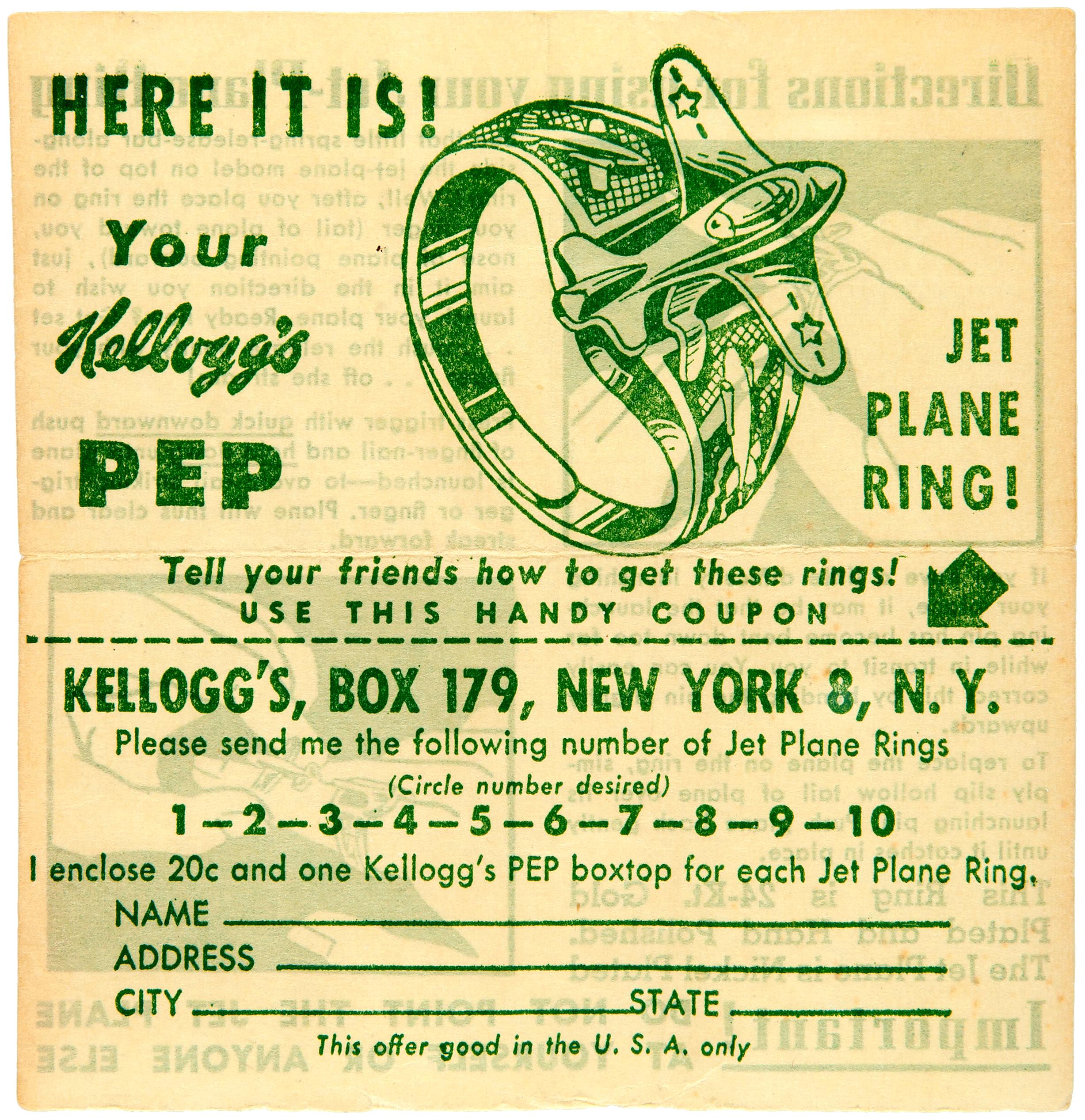 Rare 1948 Kellogg's Pep Cereal Ring F-87 Jet Fighter Plane 24-Karat Gold Plate 1