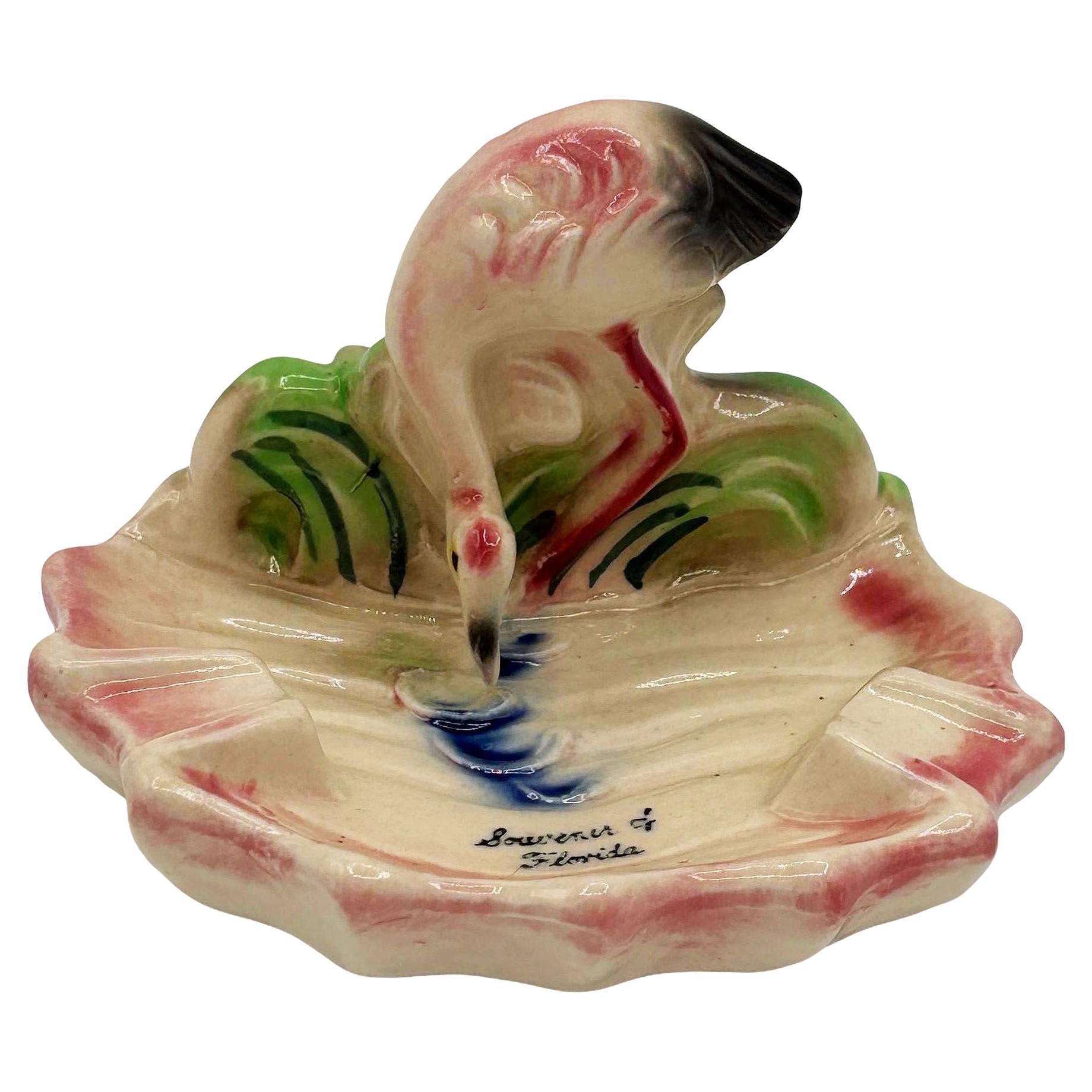 Seltener 1948 "Soweru of Florida" Trinkender Rosa Flamingo Keramik Aschenbecher