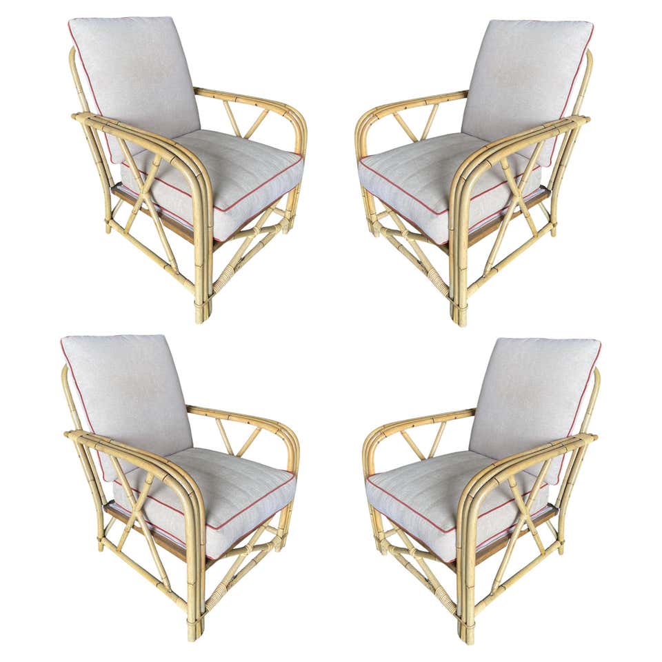 Pair of Original Bamboo Tufted Green Rattan Lounge Chairs by Ficks Reed ...