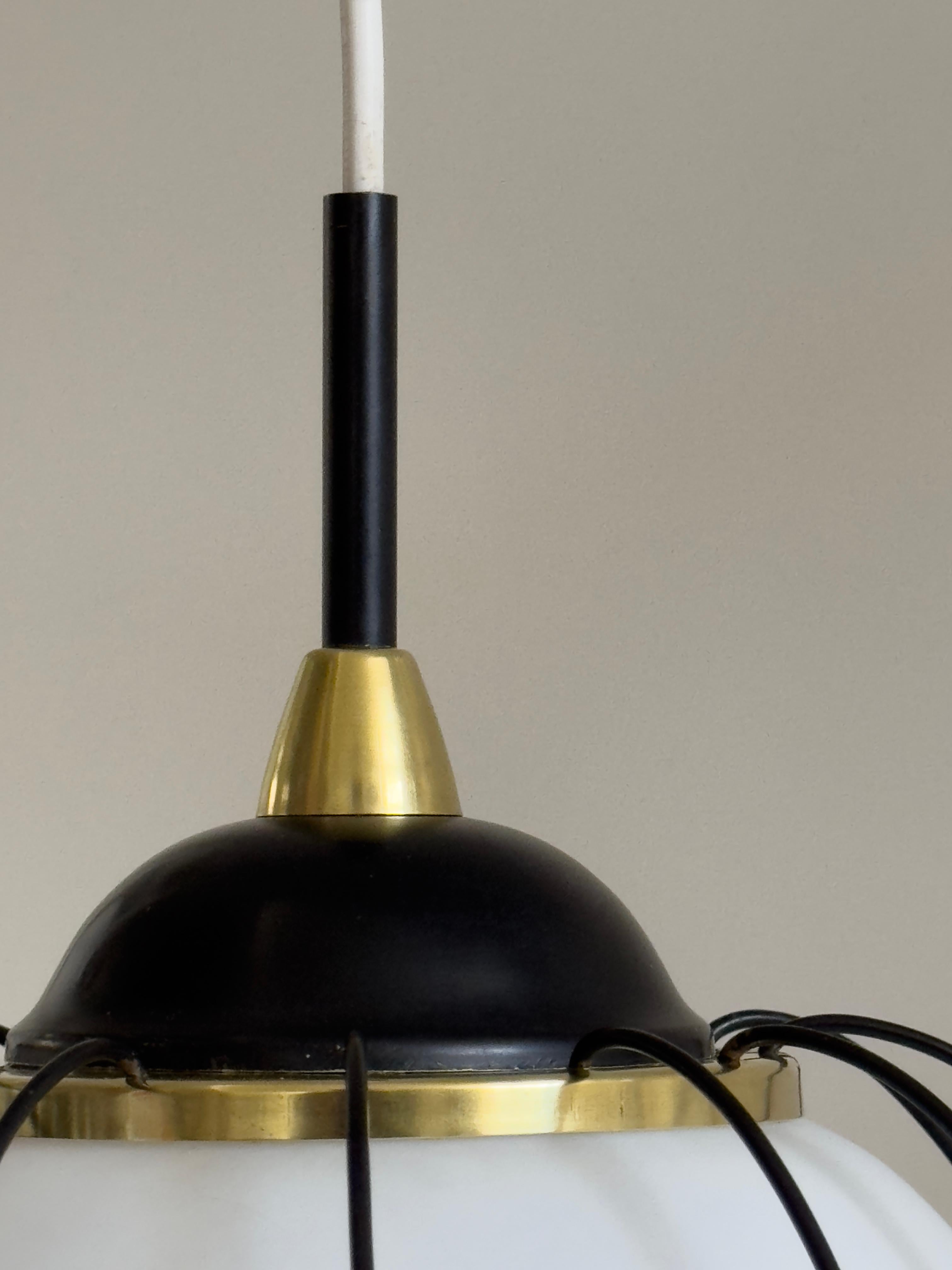 Rare 1950/60s Italian ceiling lamp: brass, satin opal glass, black painted metal For Sale 5